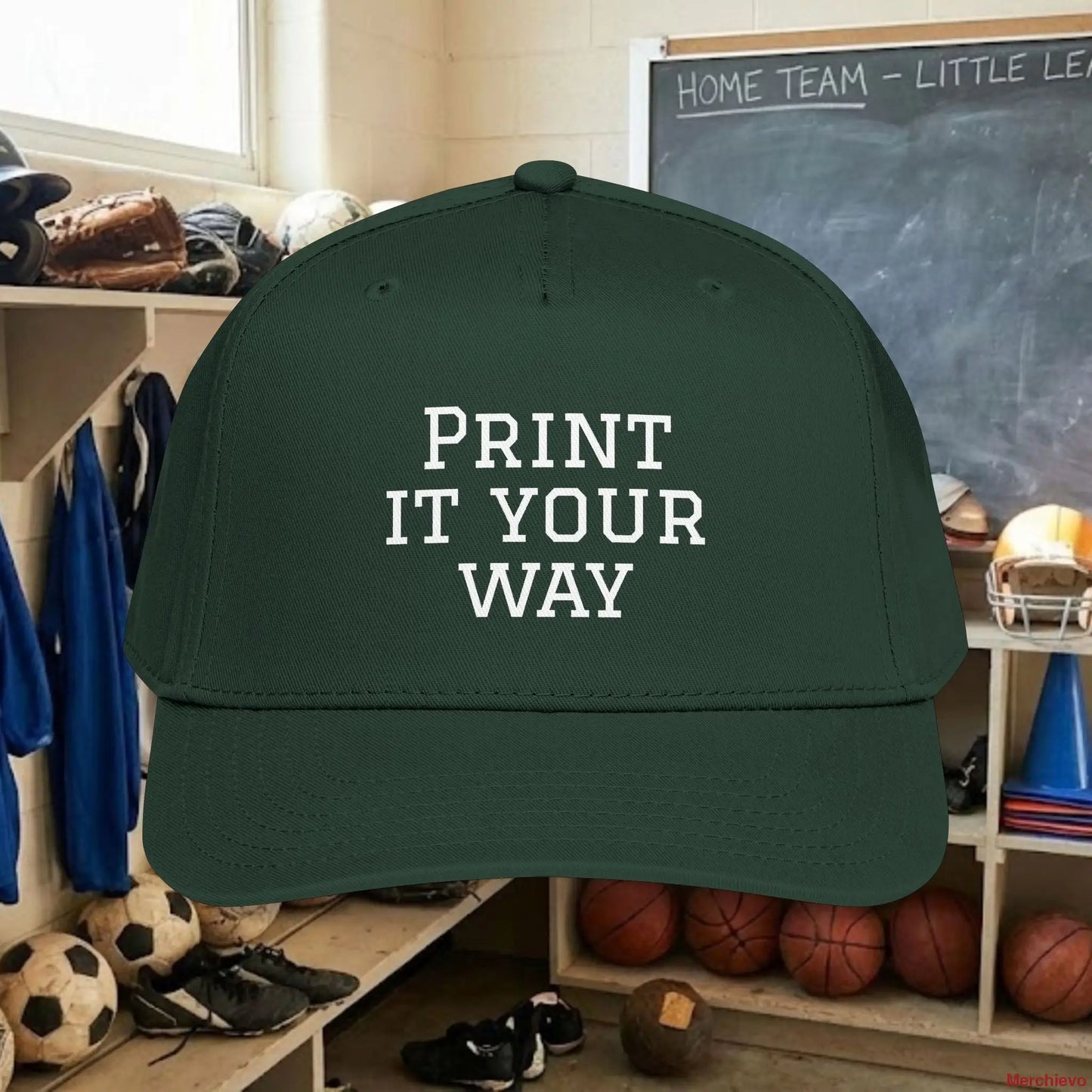 Custom Team White Text Baseball Cap – Mid Profile Snapback Fit – Youth & Adult One size / Dark Green Hats