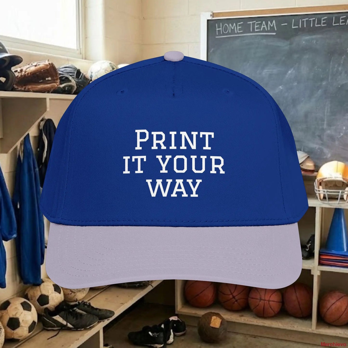 Custom Team White Text Baseball Cap – Mid Profile Snapback Fit – Youth & Adult One size / Grey / Royal Hats