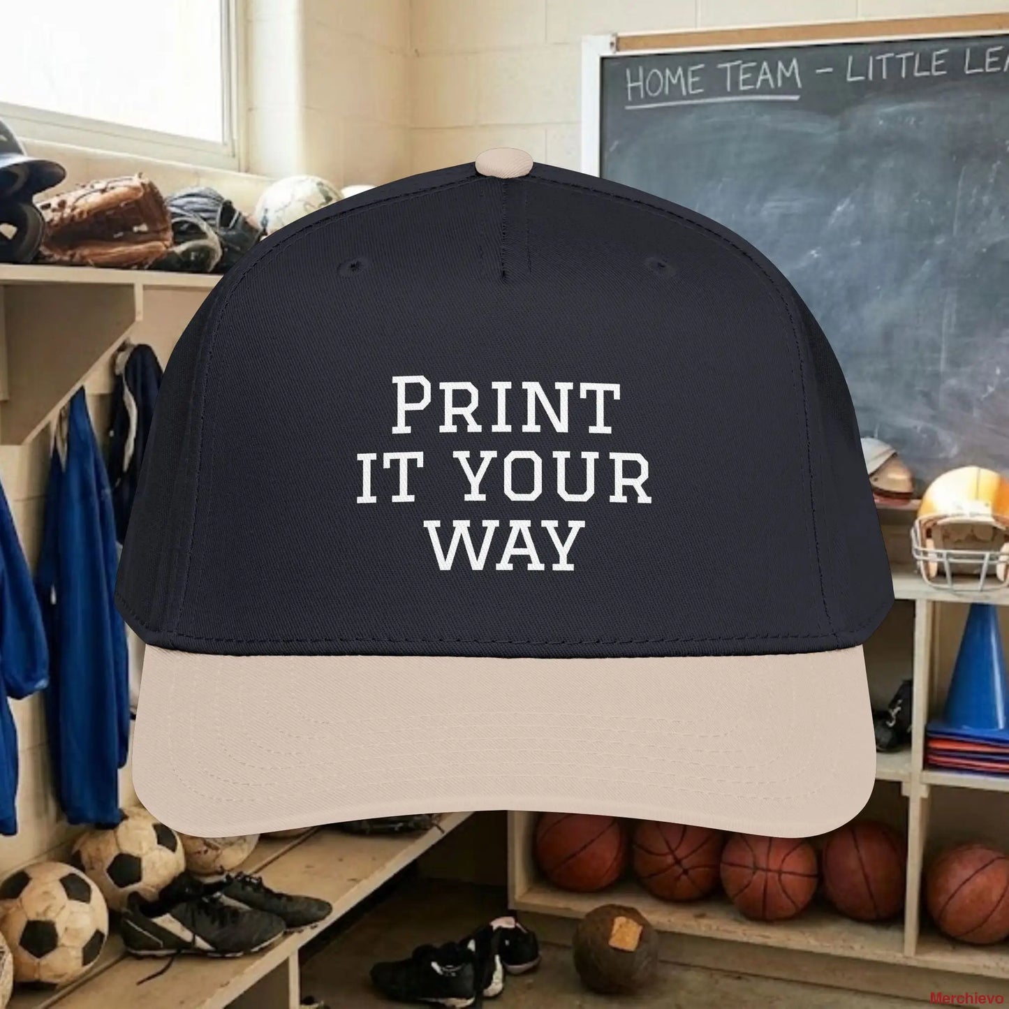 Custom Team White Text Baseball Cap – Mid Profile Snapback Fit – Youth & Adult One size / Khaki / Black Hats