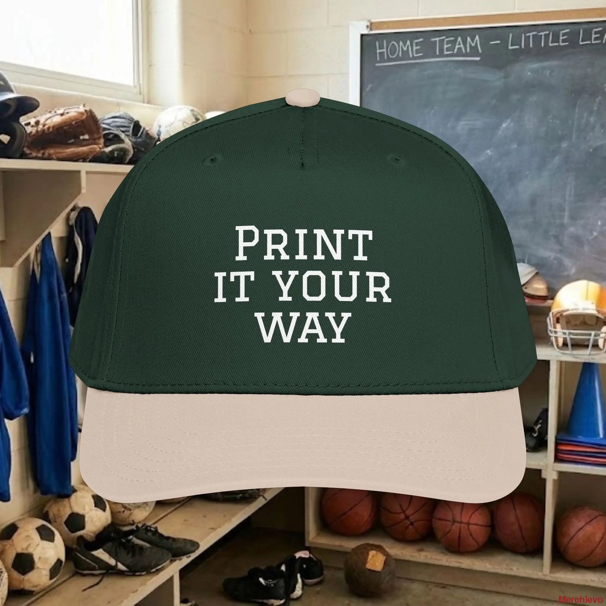 Custom Team White Text Baseball Cap – Mid Profile Snapback Fit – Youth & Adult One size / Khaki / Dark Green Hats