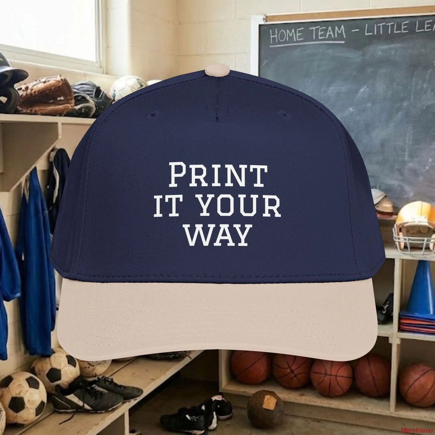 Design your own Custom Team Baseball Cap with bold white text. This mid-profile, structured snapback (OTTO 31-069) features a seamless 5-panel front for a smooth, professional look. Perfect for youth and adult sports teams, fan gear, or corporate branding. Adjustable fit for all sizes.