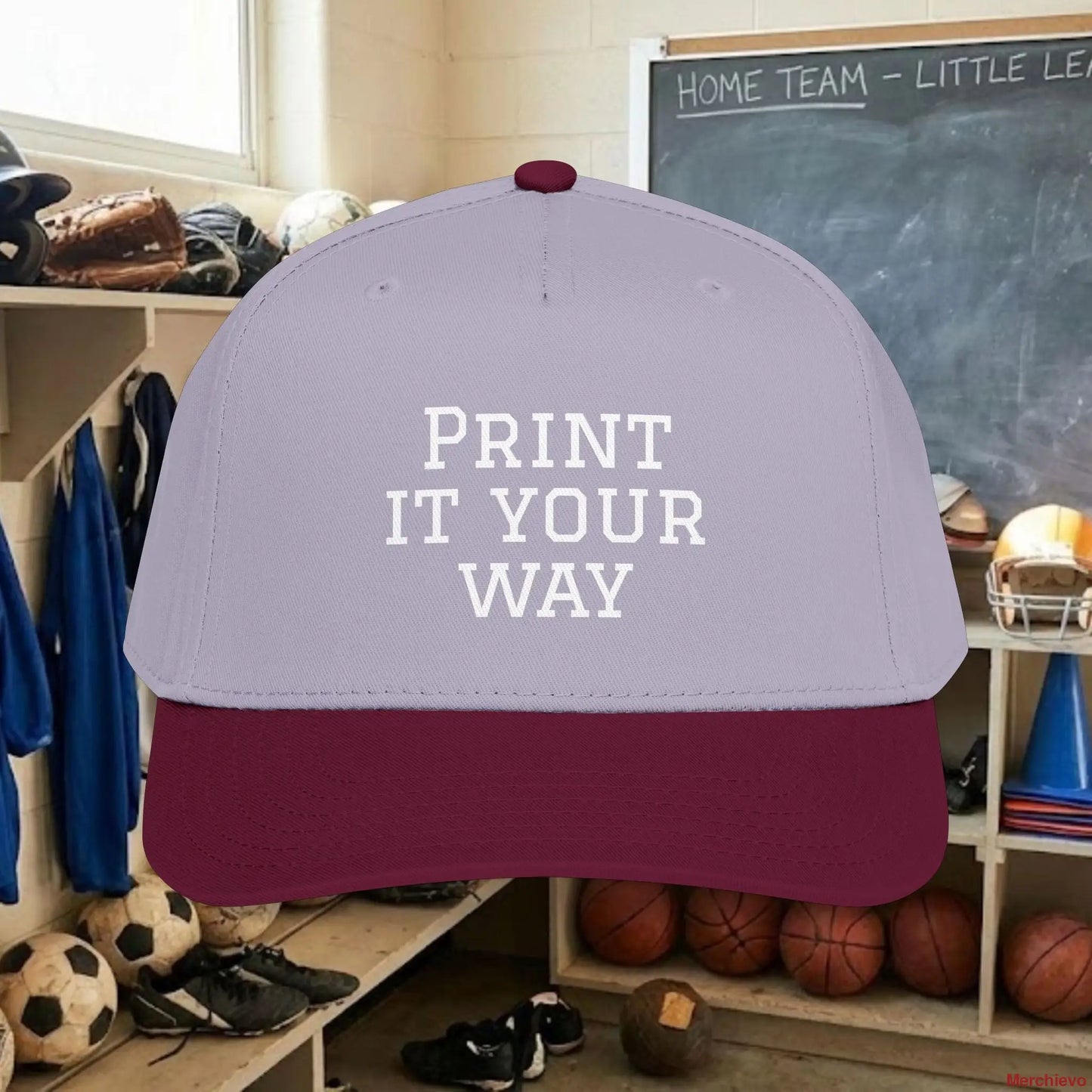 Custom Team White Text Baseball Cap – Mid Profile Snapback Fit – Youth & Adult One size / Maroon / Grey Hats