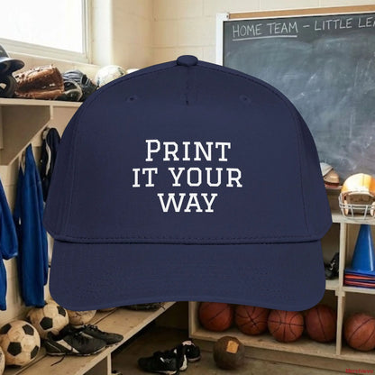 Custom Team White Text Baseball Cap – Mid Profile Snapback Fit – Youth & Adult One size / Navy Hats