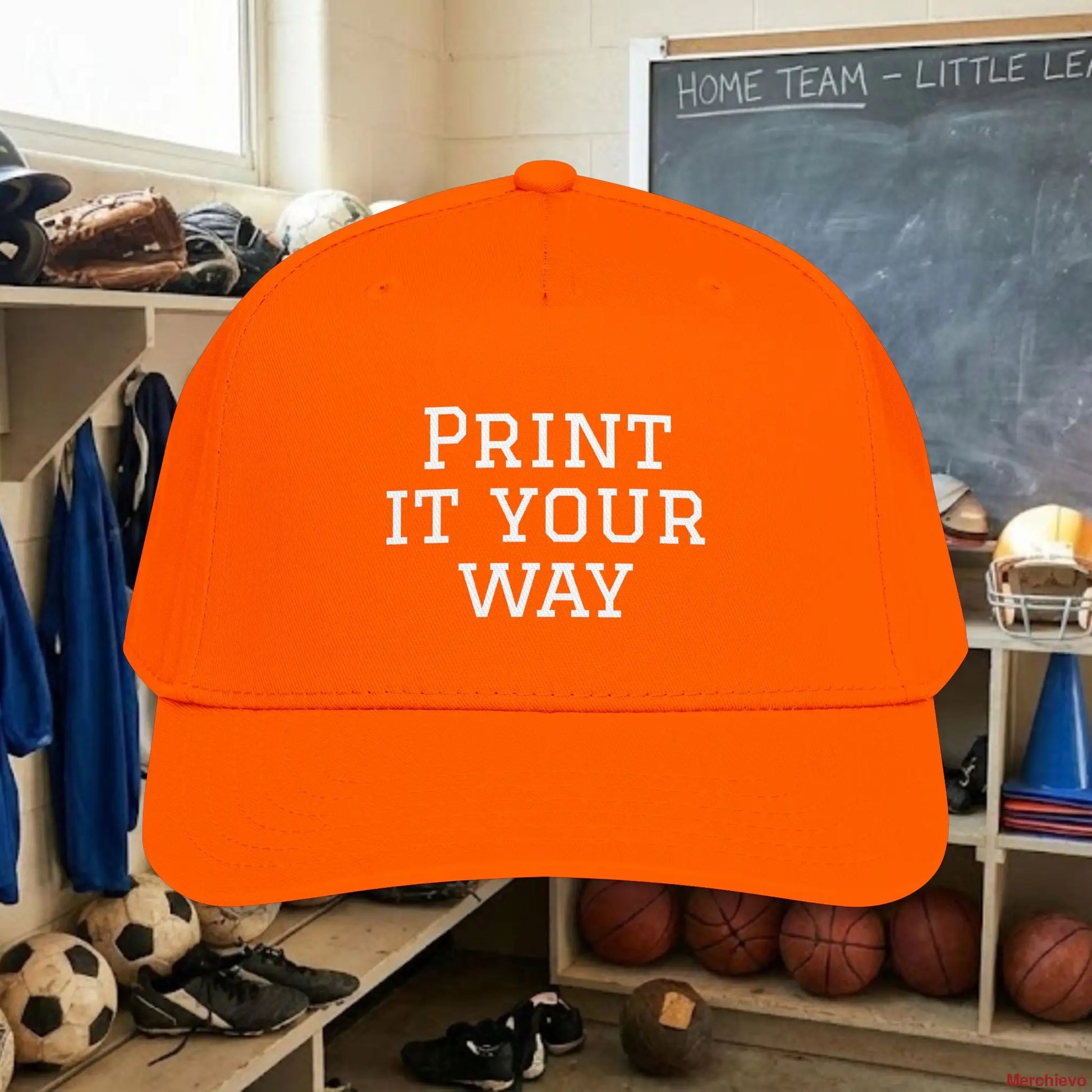 Design your own Custom Team Baseball Cap with bold white text. This mid-profile, structured snapback (OTTO 31-069) features a seamless 5-panel front for a smooth, professional look. Perfect for youth and adult sports teams, fan gear, or corporate branding. Adjustable fit for all sizes.