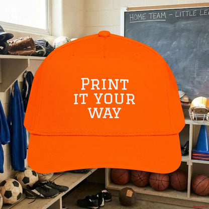 Design your own Custom Team Baseball Cap with bold white text. This mid-profile, structured snapback (OTTO 31-069) features a seamless 5-panel front for a smooth, professional look. Perfect for youth and adult sports teams, fan gear, or corporate branding. Adjustable fit for all sizes.