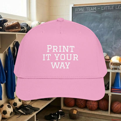 Custom Team White Text Baseball Cap – Mid Profile Snapback Fit – Youth & Adult One size / Pink Hats