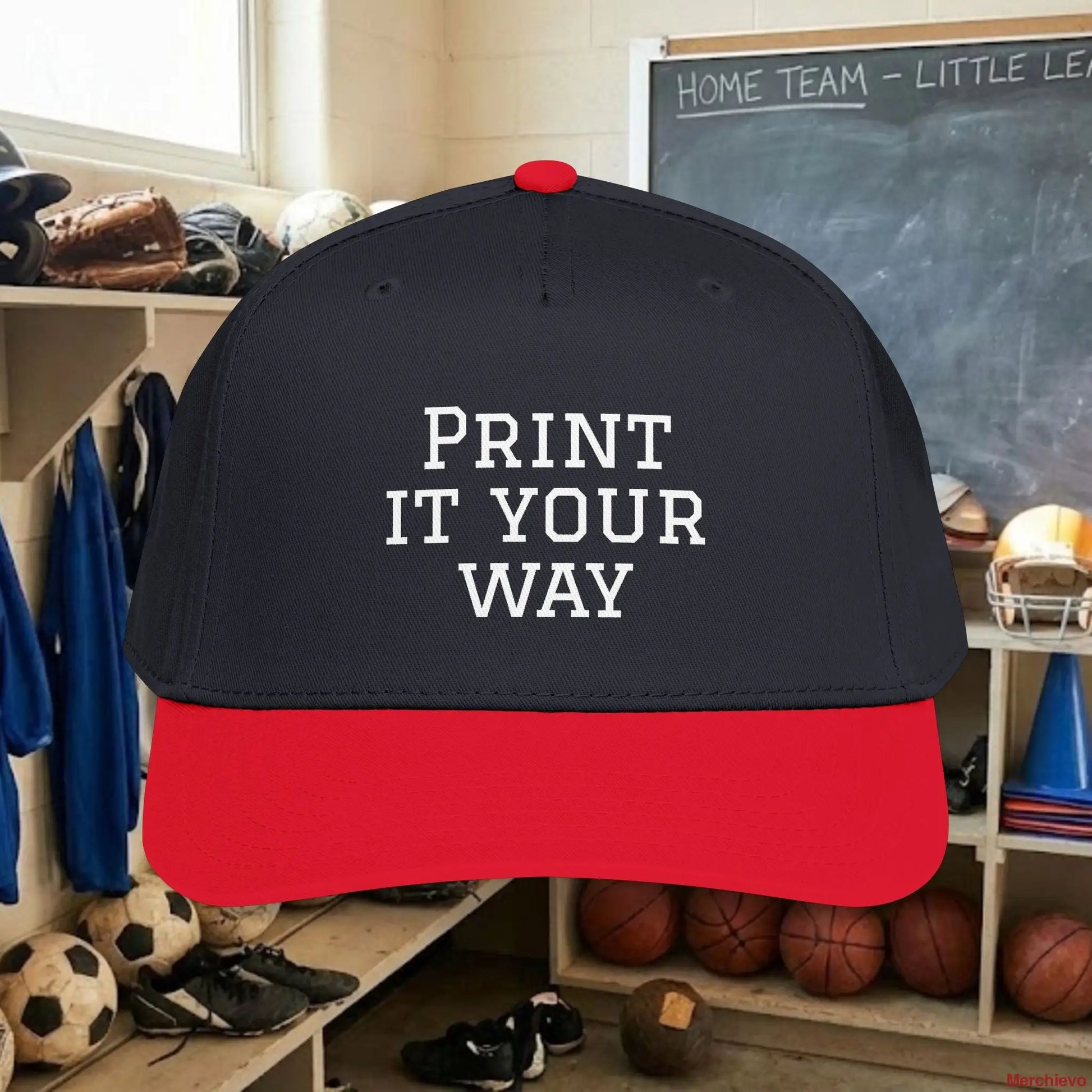Custom Team White Text Baseball Cap – Mid Profile Snapback Fit – Youth & Adult One size / Red / Black Hats