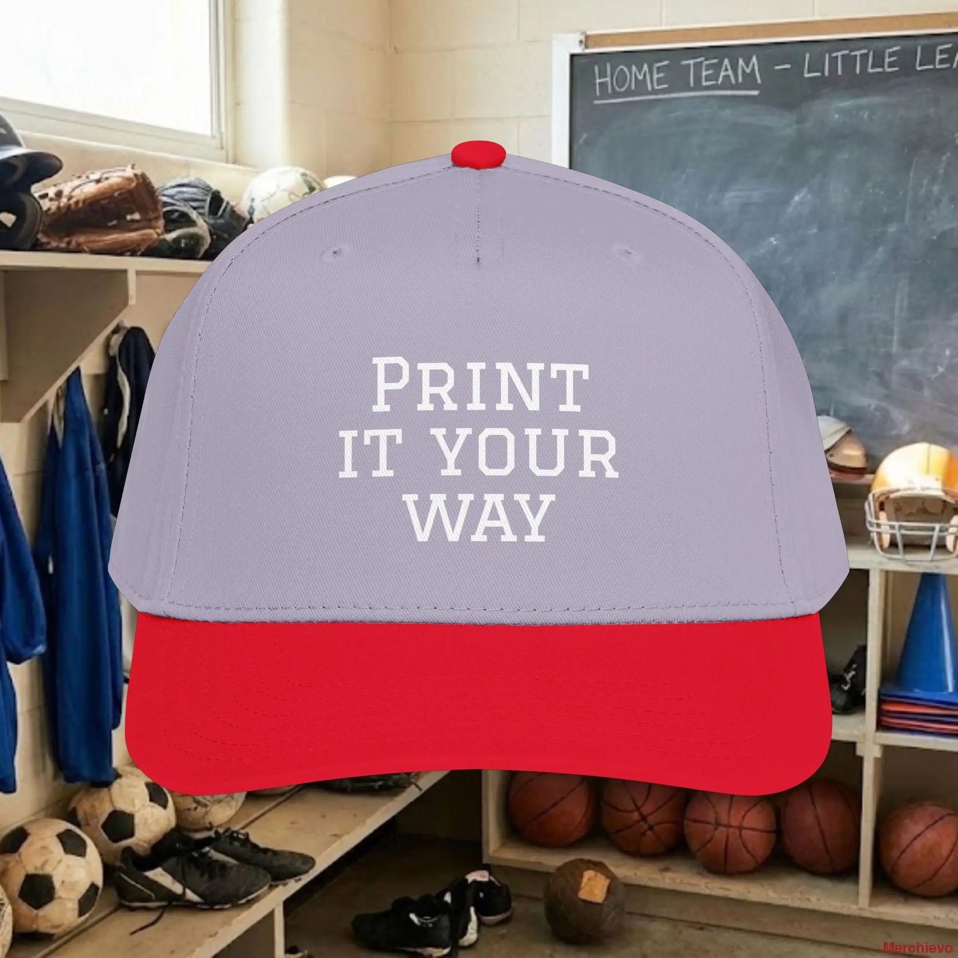 Custom Team White Text Baseball Cap – Mid Profile Snapback Fit – Youth & Adult One size / Red / Grey Hats