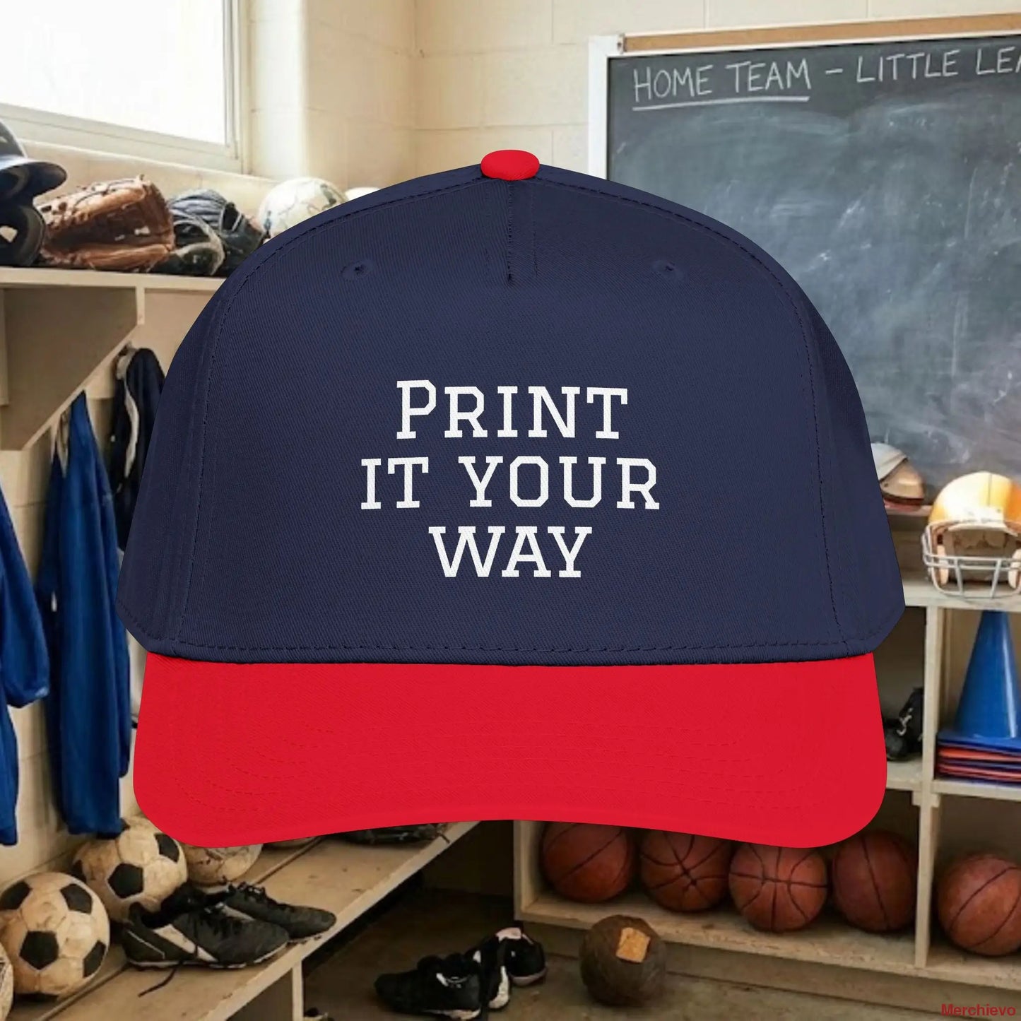 Custom Team White Text Baseball Cap – Mid Profile Snapback Fit – Youth & Adult One size / Red / Navy Hats
