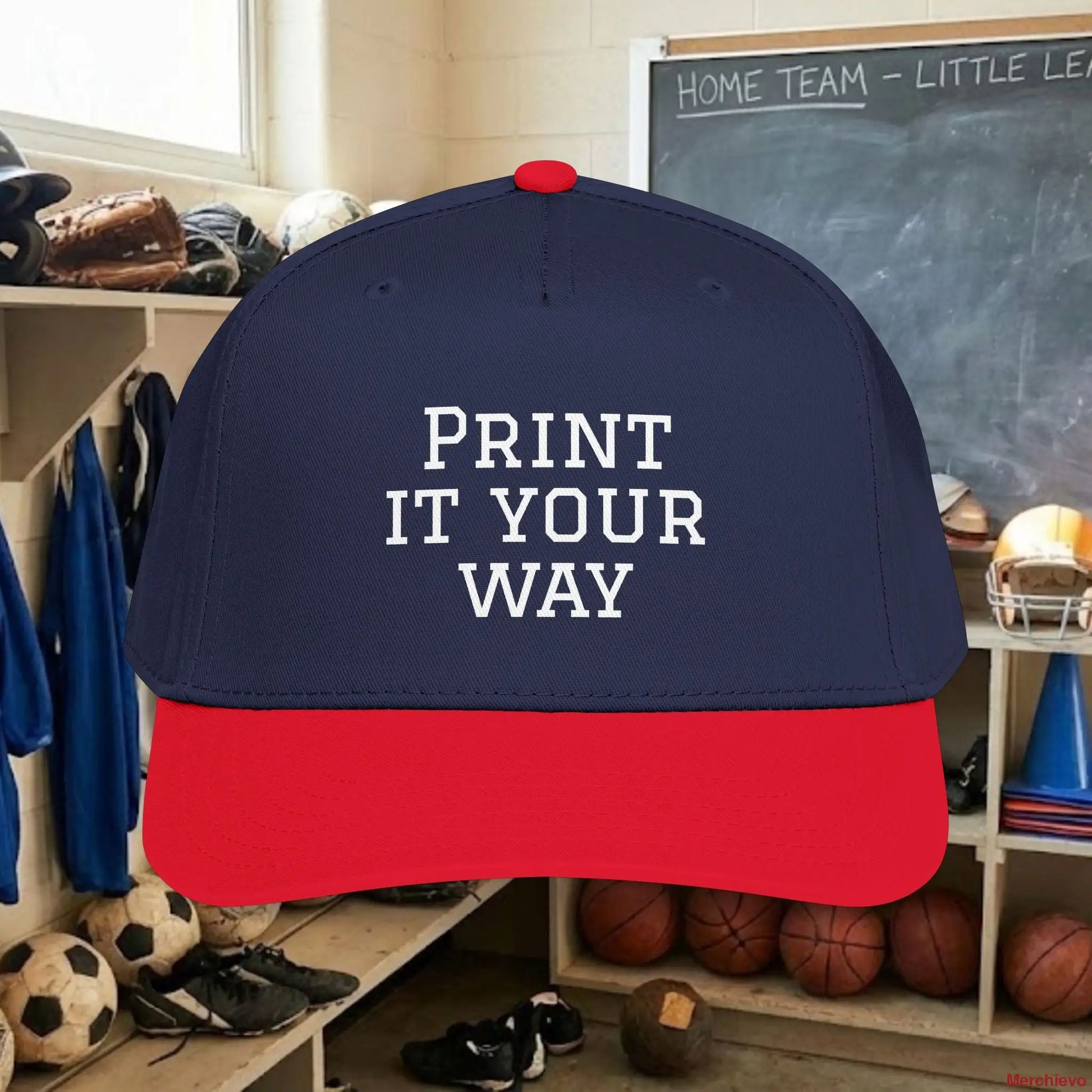 Custom Team White Text Baseball Cap – Mid Profile Snapback Fit – Youth & Adult One size / Red / Navy Hats