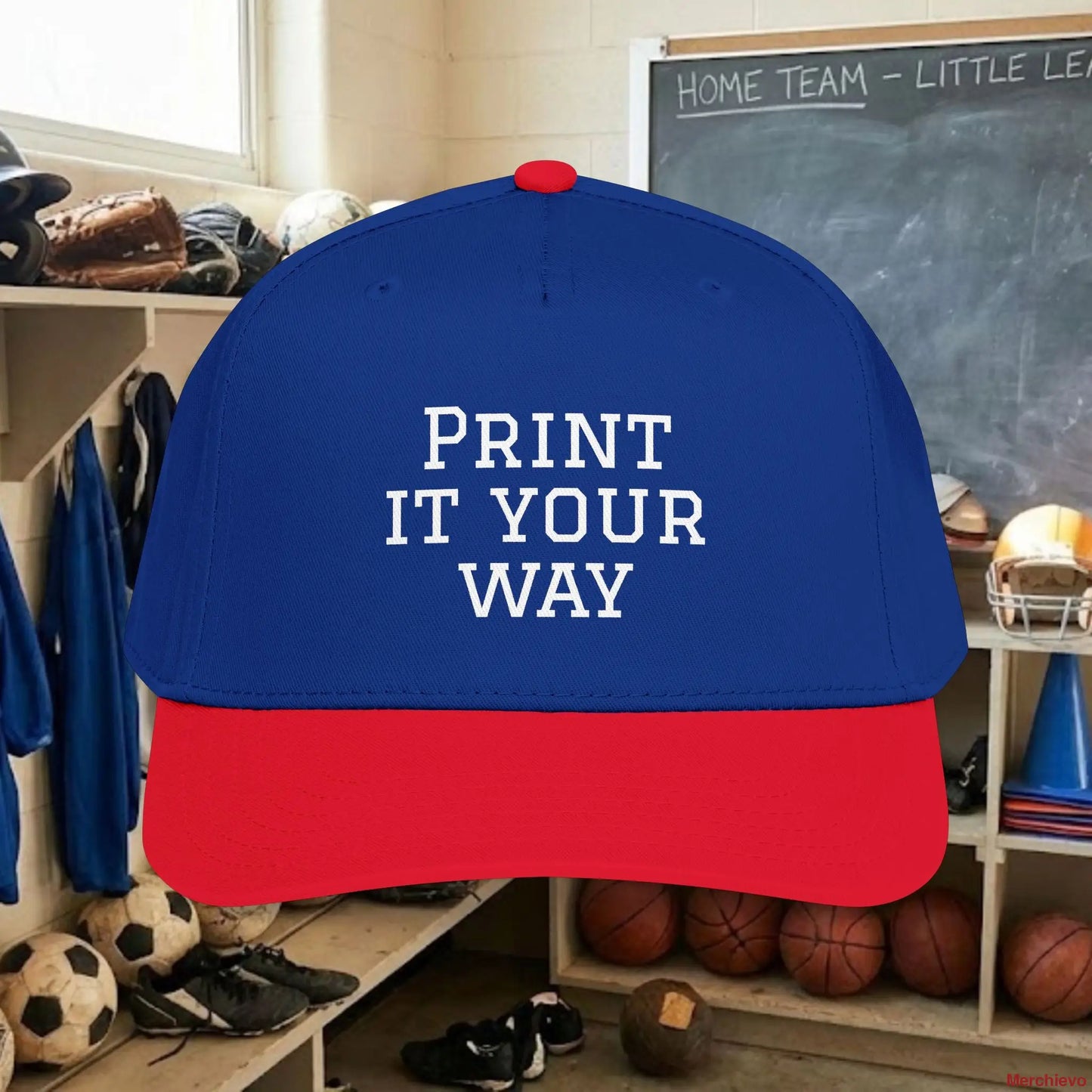 Custom Team White Text Baseball Cap – Mid Profile Snapback Fit – Youth & Adult One size / Red / Royal Hats