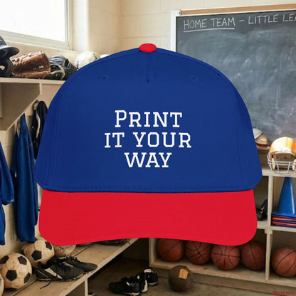 Custom Team White Text Baseball Cap – Mid Profile Snapback Fit – Youth & Adult One size / Red / Royal Hats