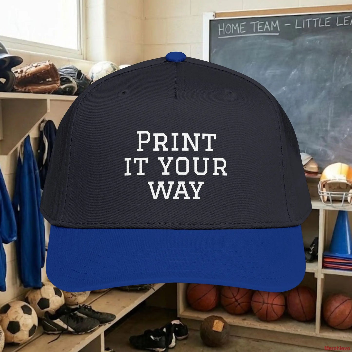Custom Team White Text Baseball Cap – Mid Profile Snapback Fit – Youth & Adult One size / Royal / Black Hats