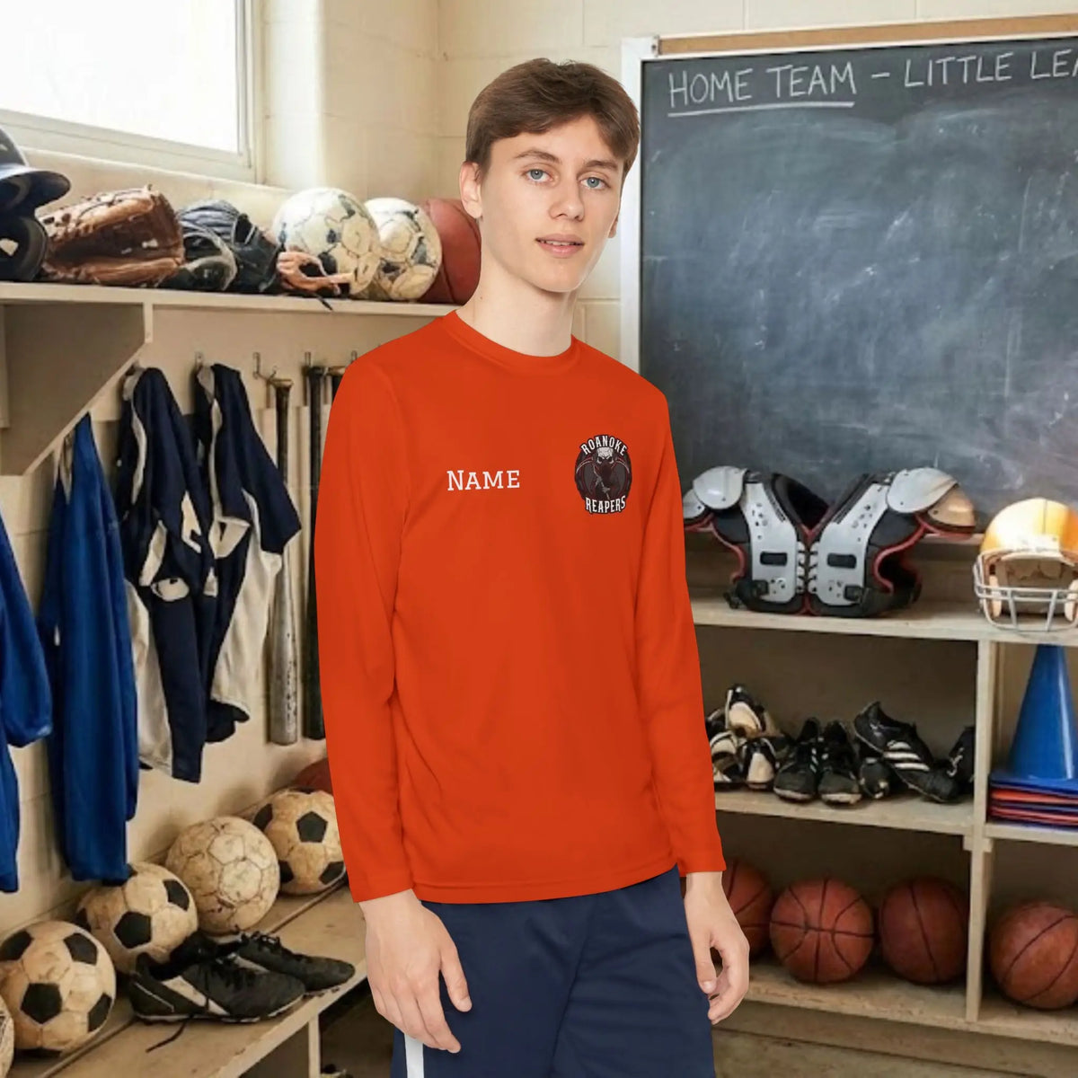 Custom team youth long sleeve t-shirt with left chest team logo and name, by Merchievo (photo 1 of 5)