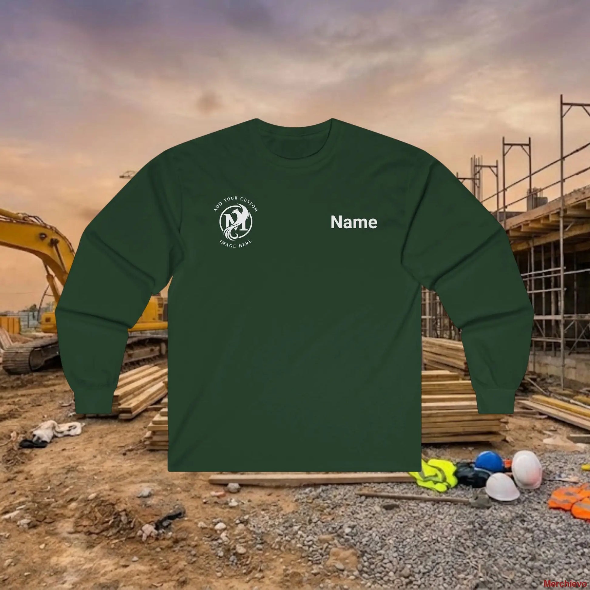 Custom Workwear Long Sleeve T-Shirt - Right Chest Logo & Crew Name (Ultra Cotton) Forest Green / S Long-sleeve