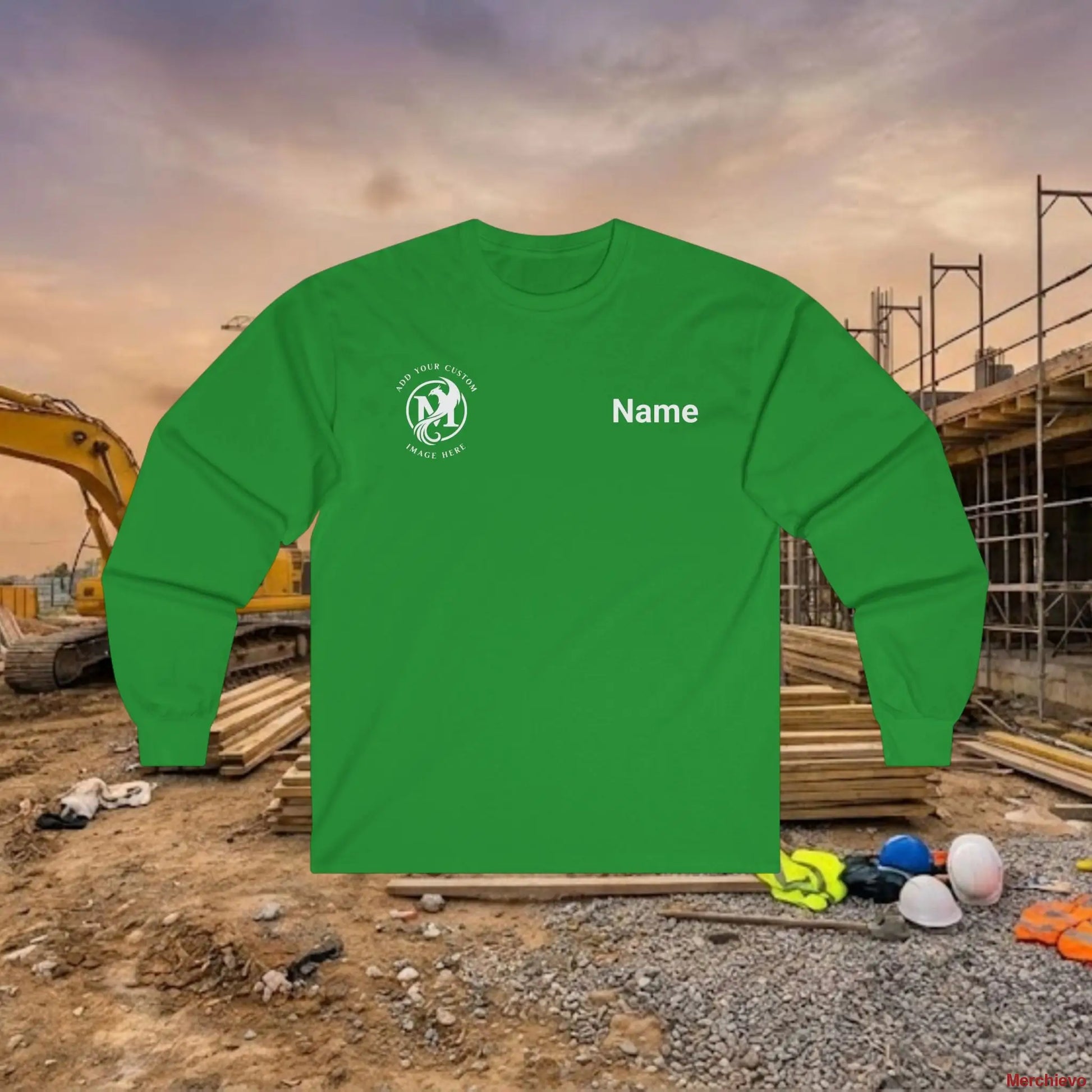Custom Workwear Long Sleeve T-Shirt - Right Chest Logo & Crew Name (Ultra Cotton) Irish Green / S Long-sleeve