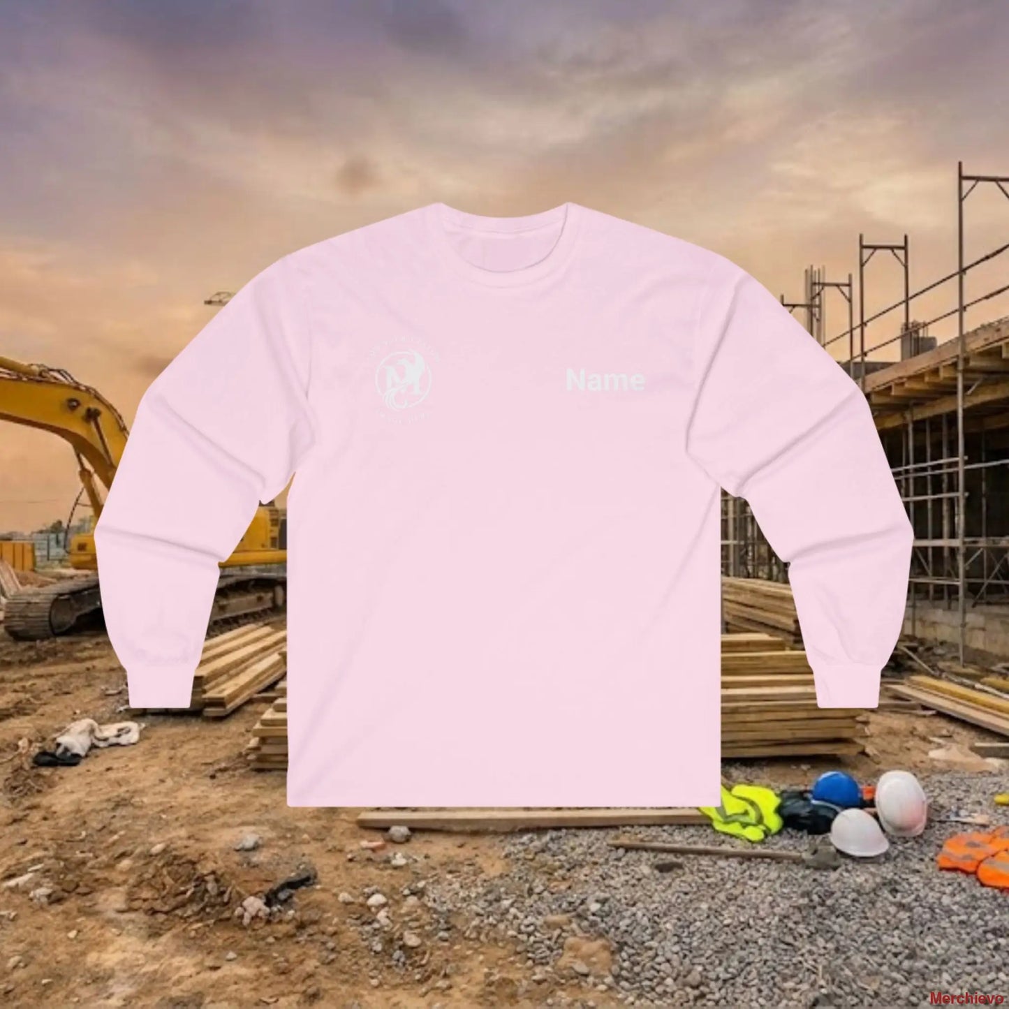 Custom Workwear Long Sleeve T-Shirt - Right Chest Logo & Crew Name (Ultra Cotton) Light Pink / S Long-sleeve