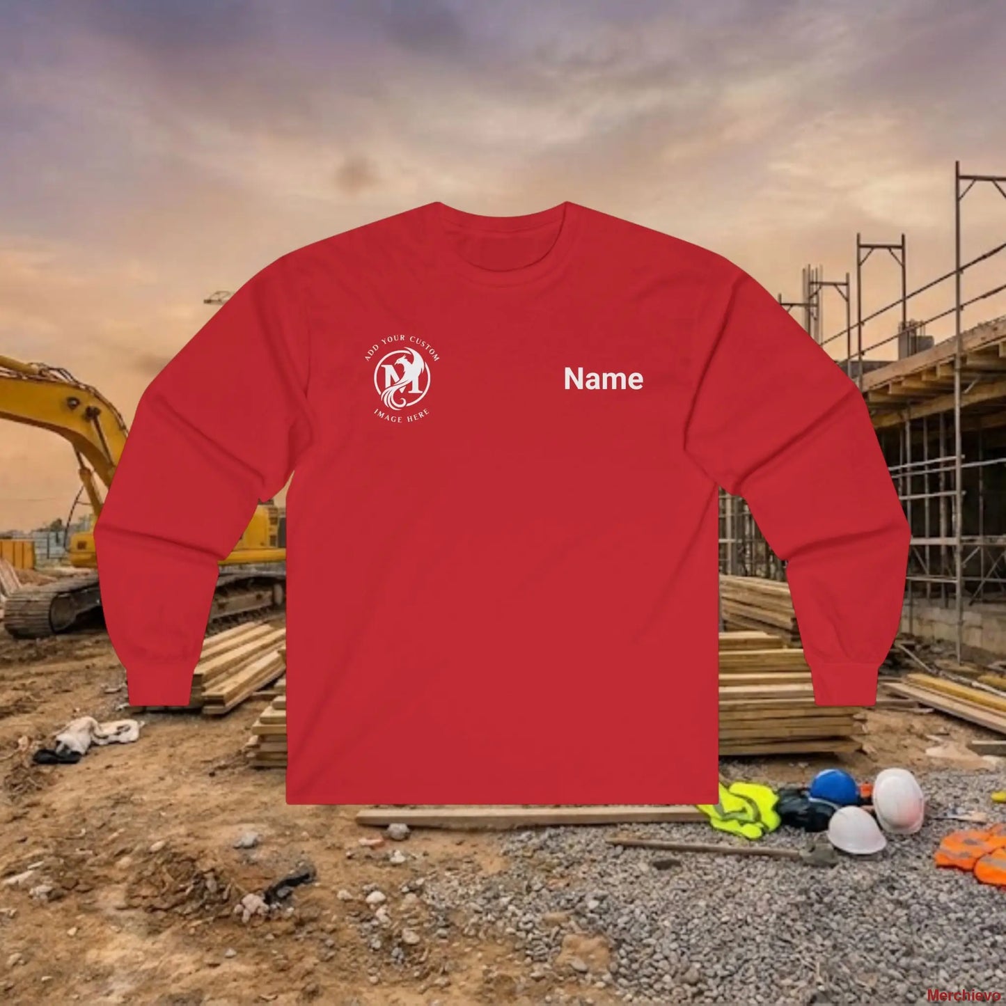 Custom Workwear Long Sleeve T-Shirt - Right Chest Logo & Crew Name (Ultra Cotton) Red / S Long-sleeve