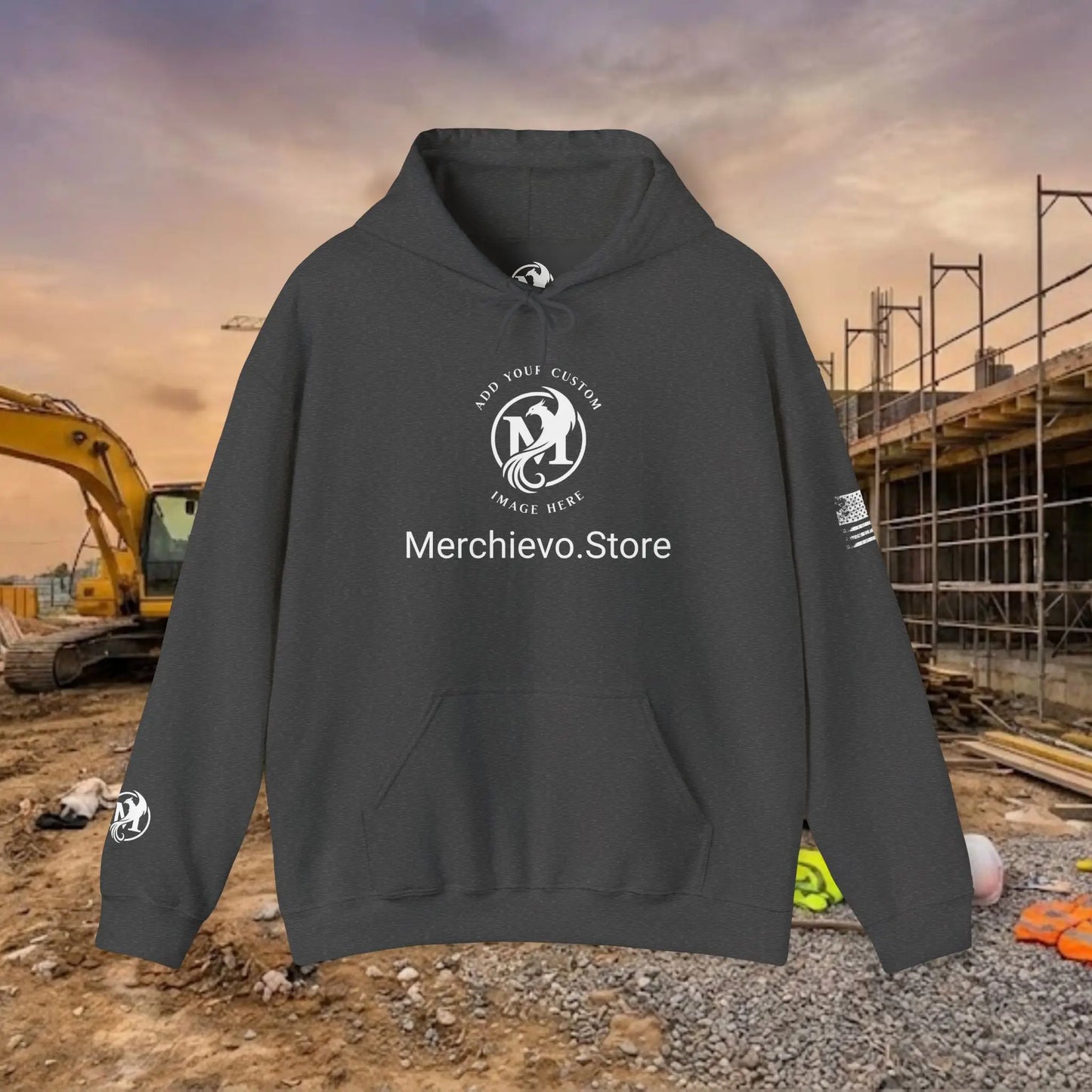 Custom Workwear Pull Over Hoodie – Center Chest Company Logo & Name (Gildan Heavy Blend)