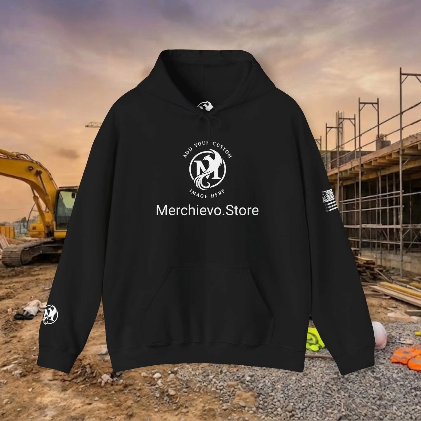 Custom Workwear Pull Over Hoodie – Center Chest Company Logo & Name (Gildan Heavy Blend)