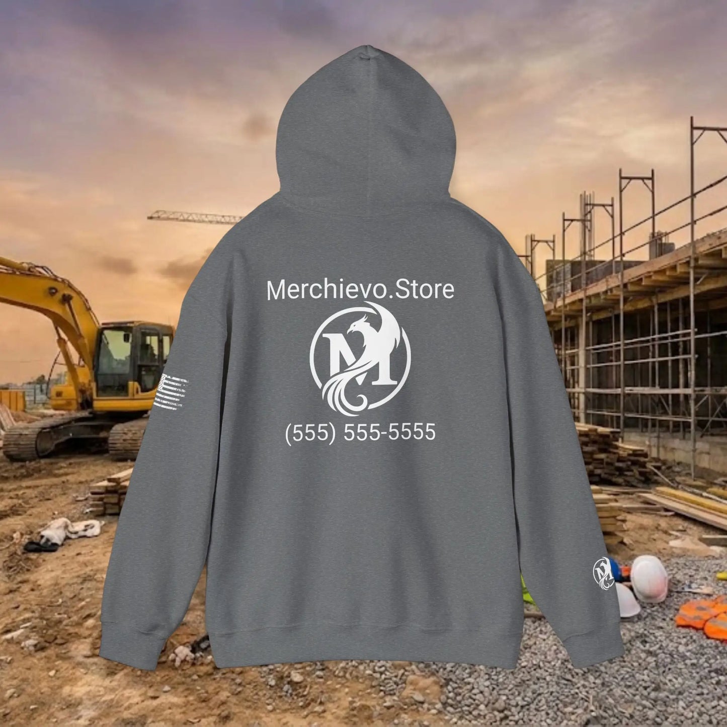 Custom Workwear Pull Over Hoodie – Center Chest Company Logo & Name (Gildan Heavy Blend)