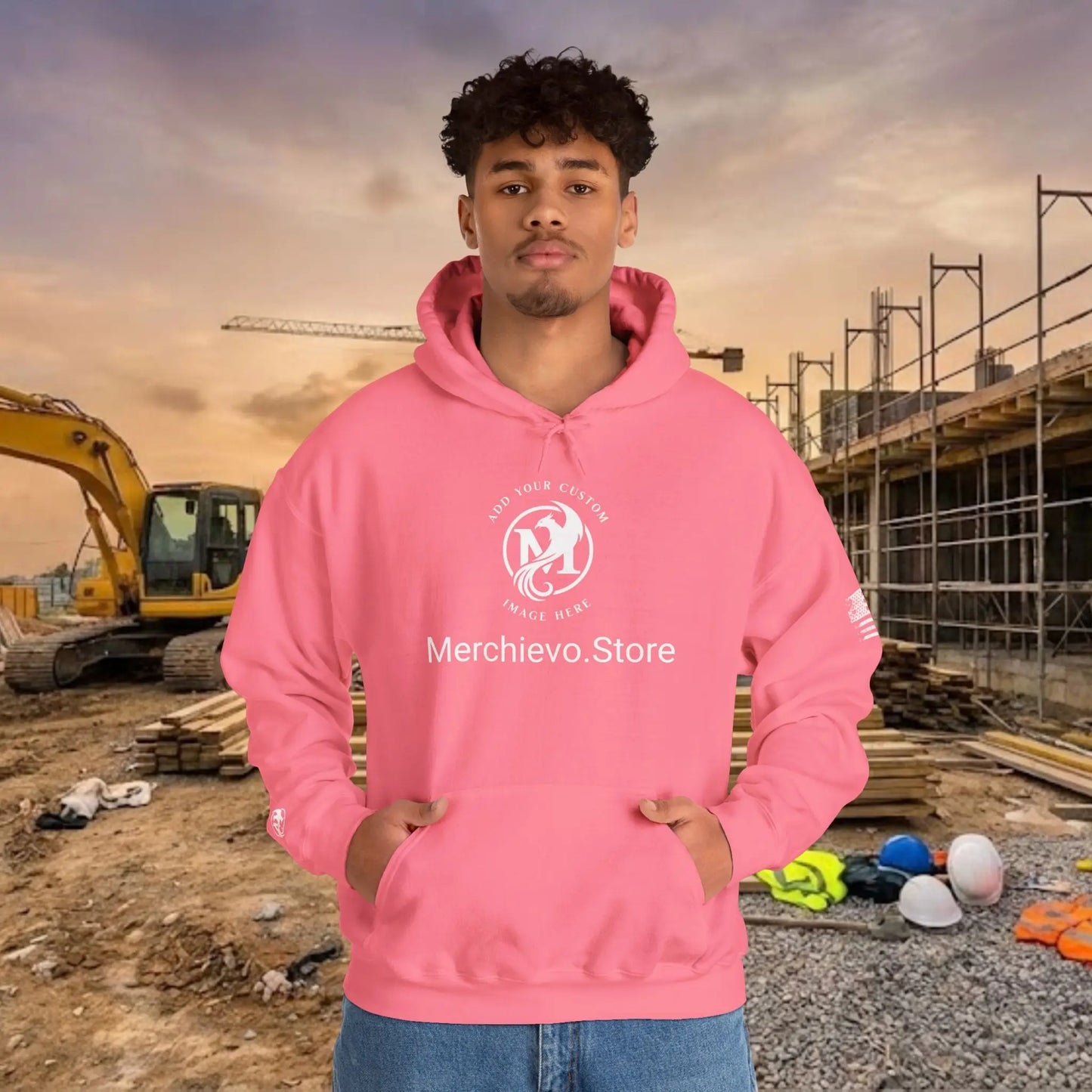 Custom Workwear Pull Over Hoodie – Center Chest Company Logo & Name (Gildan Heavy Blend)