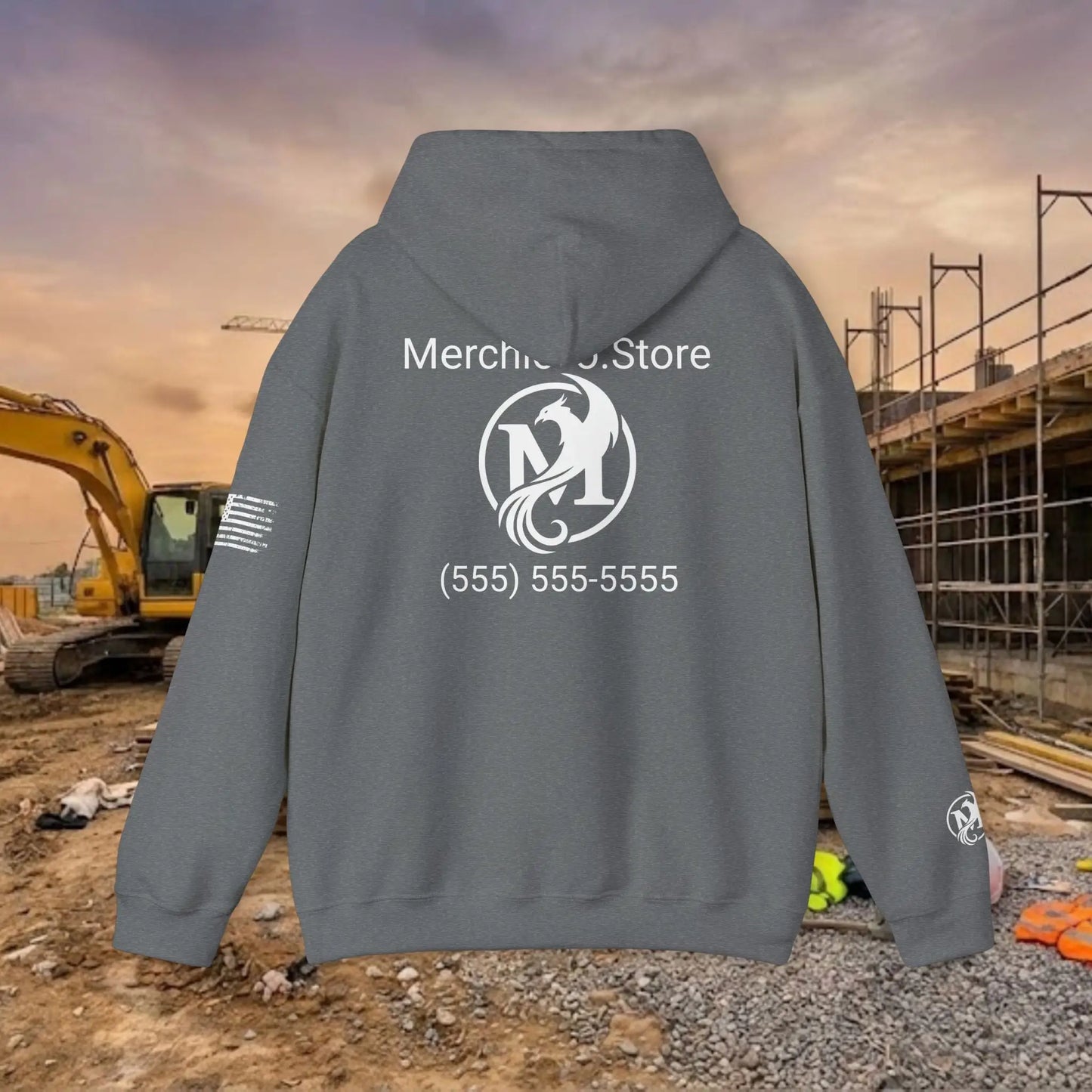Custom Workwear Pull Over Hoodie – Center Chest Company Logo & Name (Gildan Heavy Blend)