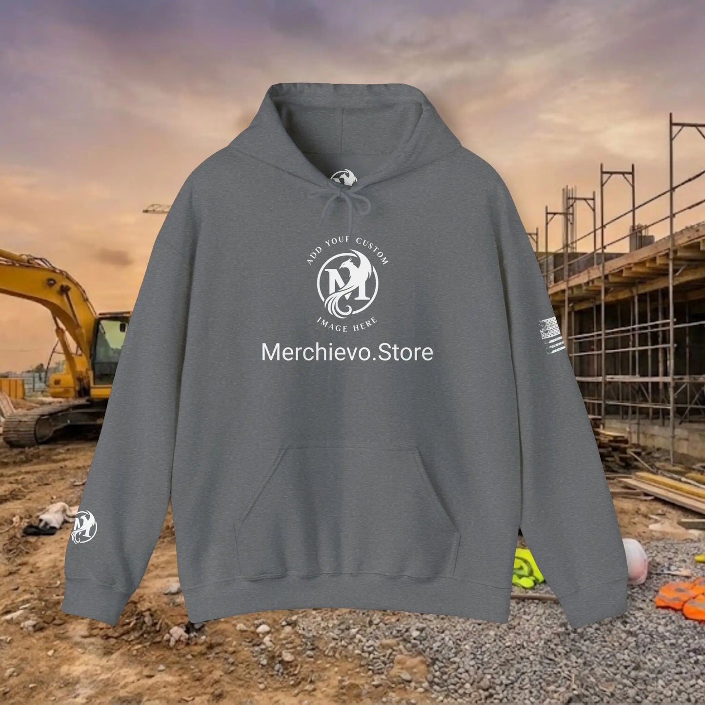 Custom Workwear Pull Over Hoodie – Center Chest Company Logo & Name (Gildan Heavy Blend)