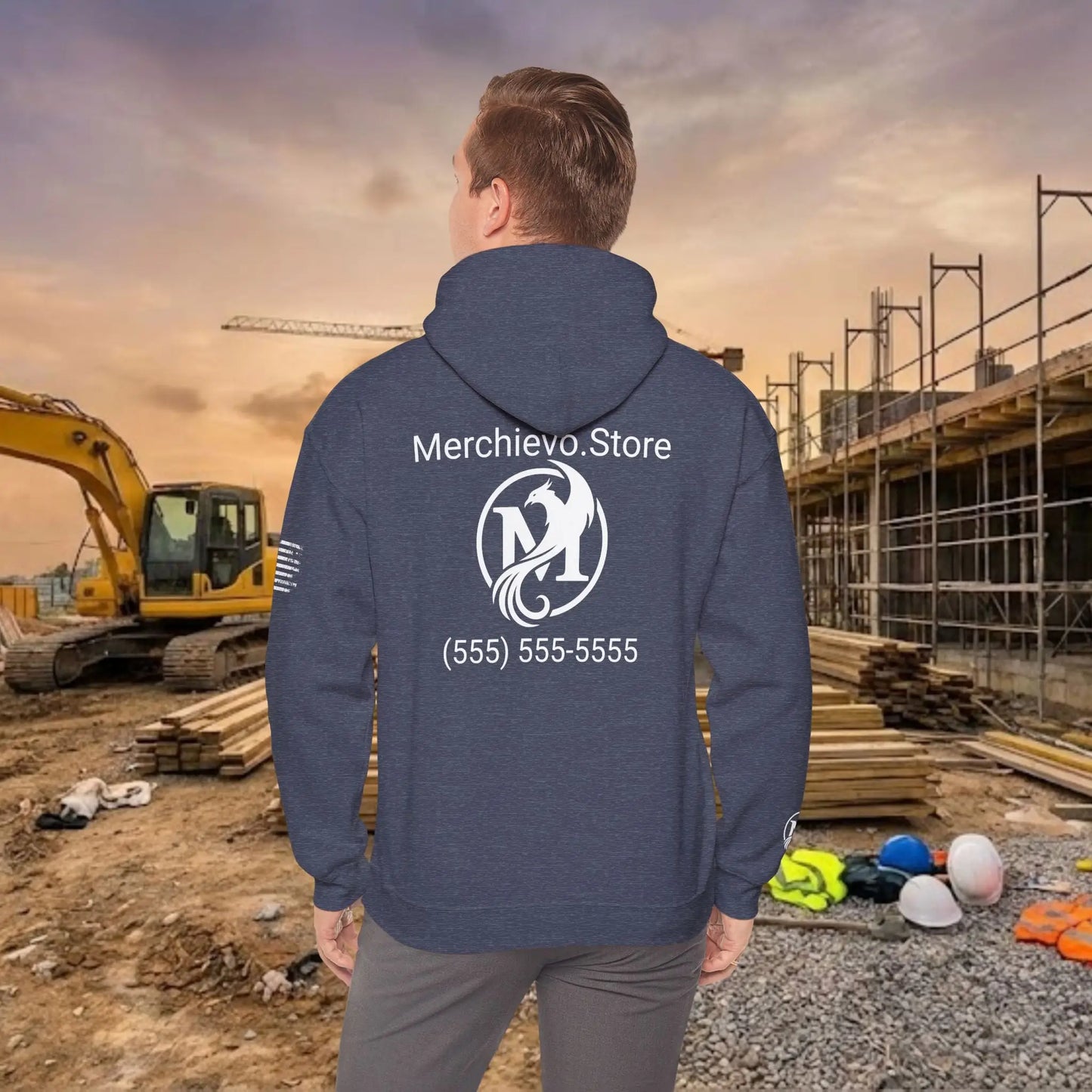 Custom Workwear Pull Over Hoodie – Center Chest Company Logo & Name (Gildan Heavy Blend)