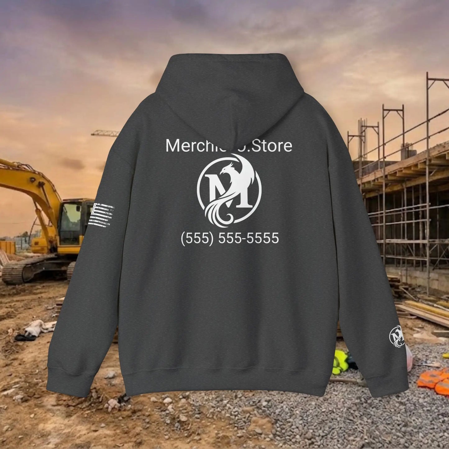 Custom Workwear Pull Over Hoodie – Center Chest Company Logo & Name (Gildan Heavy Blend)