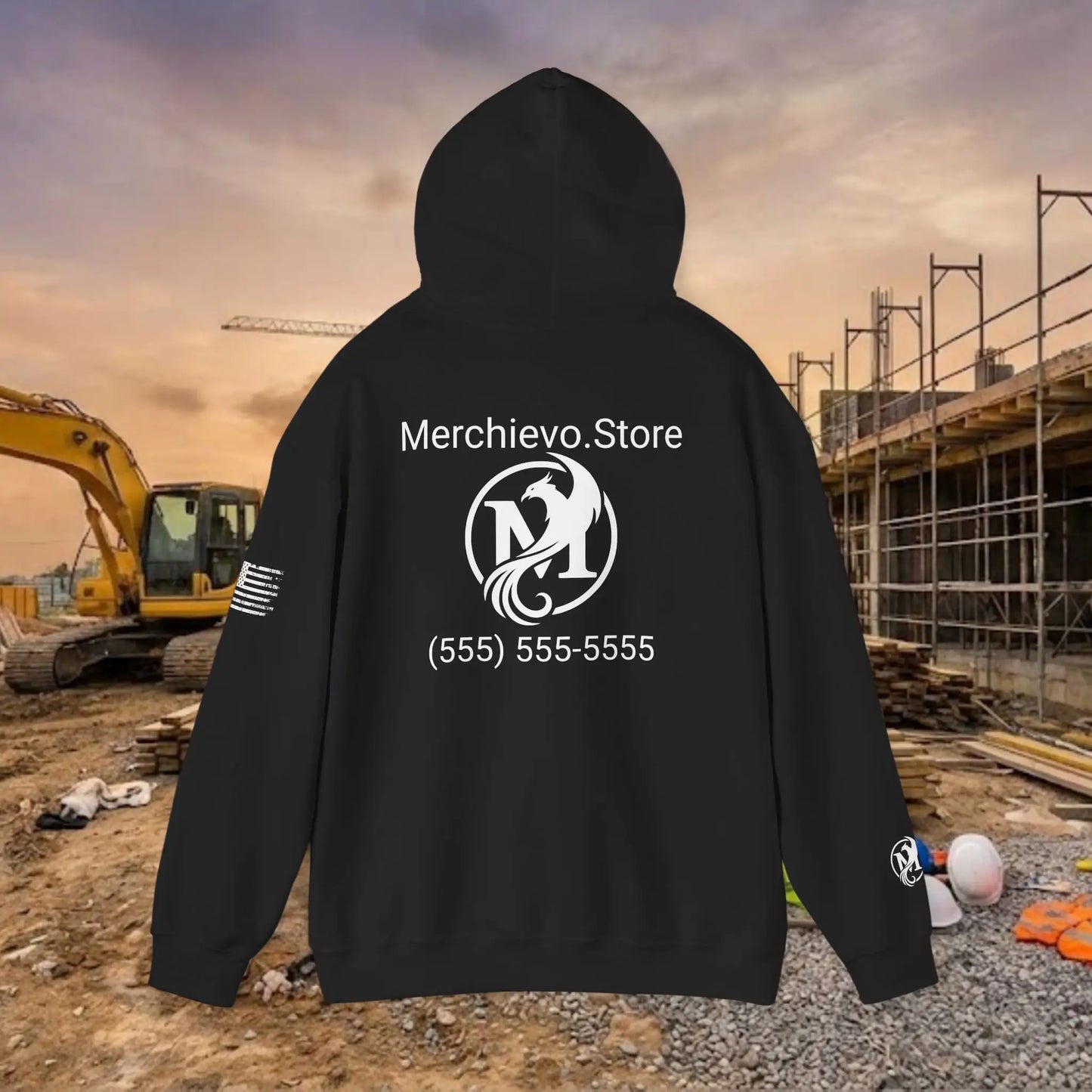 Custom Workwear Pull Over Hoodie – Center Chest Company Logo & Name (Gildan Heavy Blend)