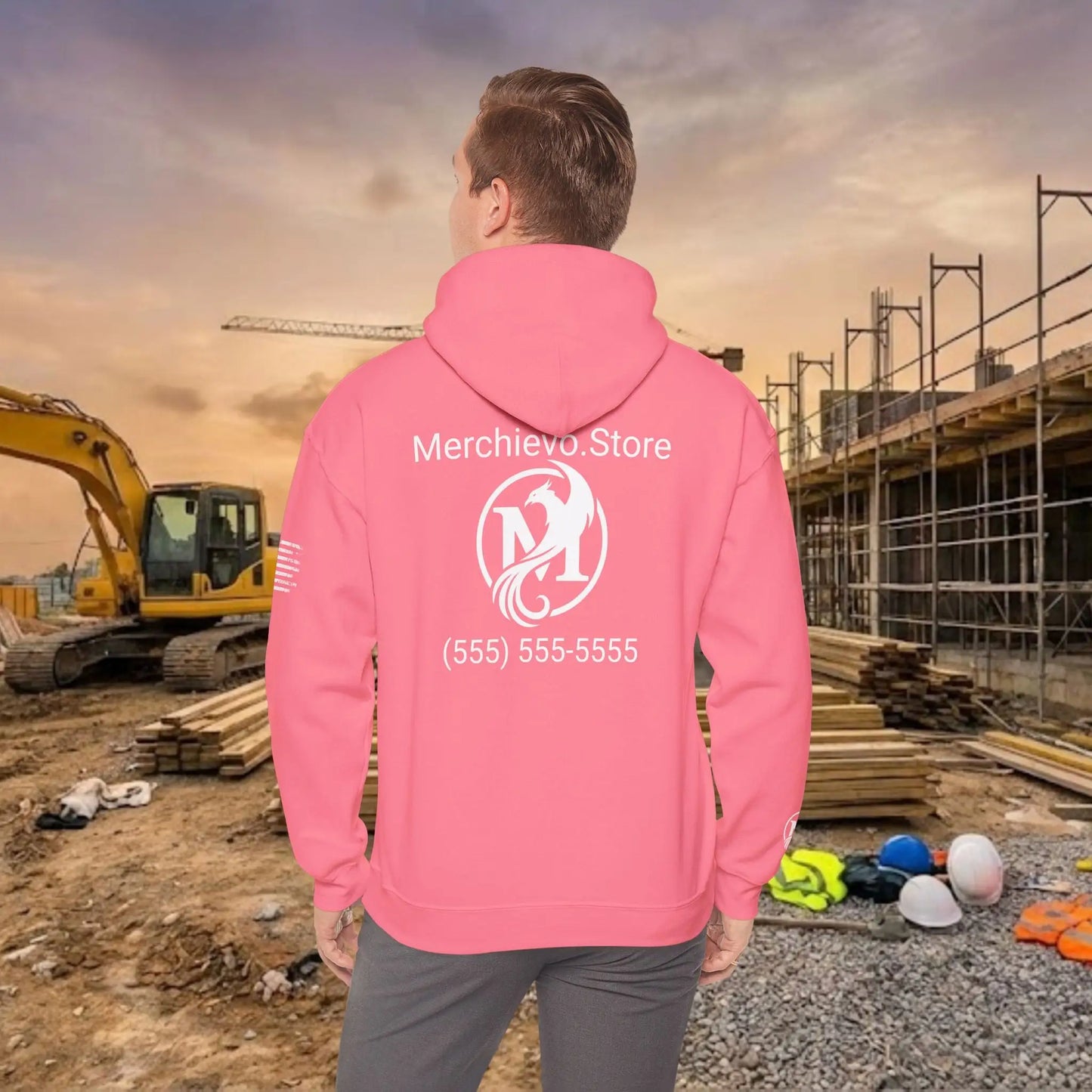 Custom Workwear Pull Over Hoodie – Center Chest Company Logo & Name (Gildan Heavy Blend)