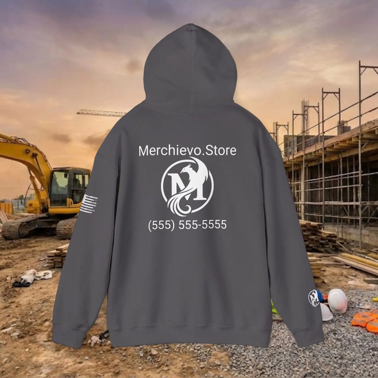 Custom Workwear Pull Over Hoodie – Center Chest Company Logo & Name (Gildan Heavy Blend)