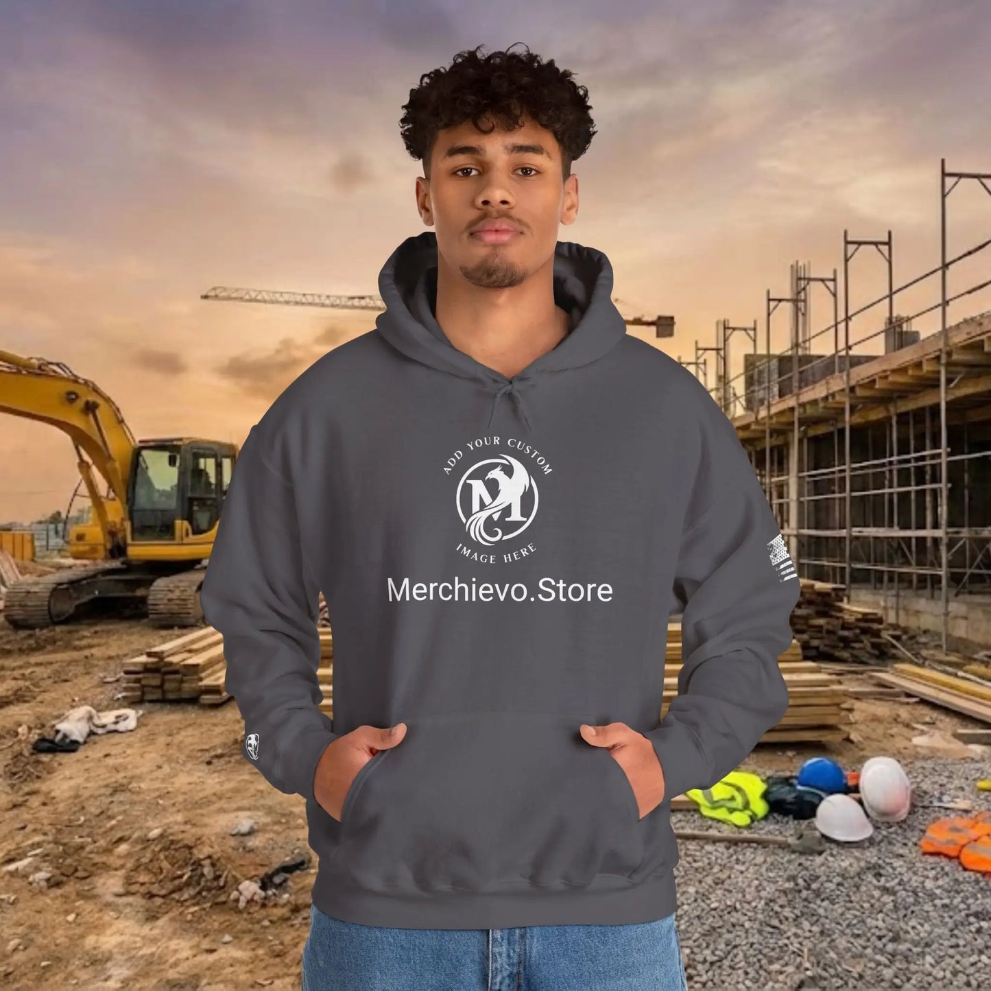 Custom Workwear Pull Over Hoodie – Center Chest Company Logo & Name (Gildan Heavy Blend)