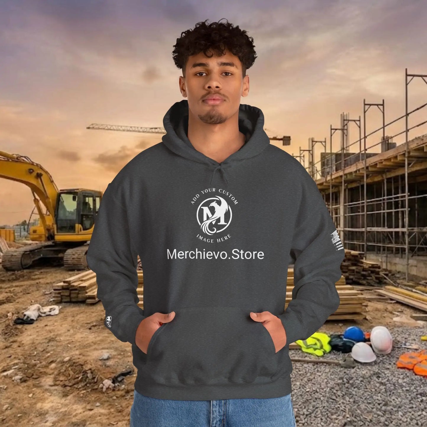 Custom Workwear Pull Over Hoodie – Center Chest Company Logo & Name (Gildan Heavy Blend)