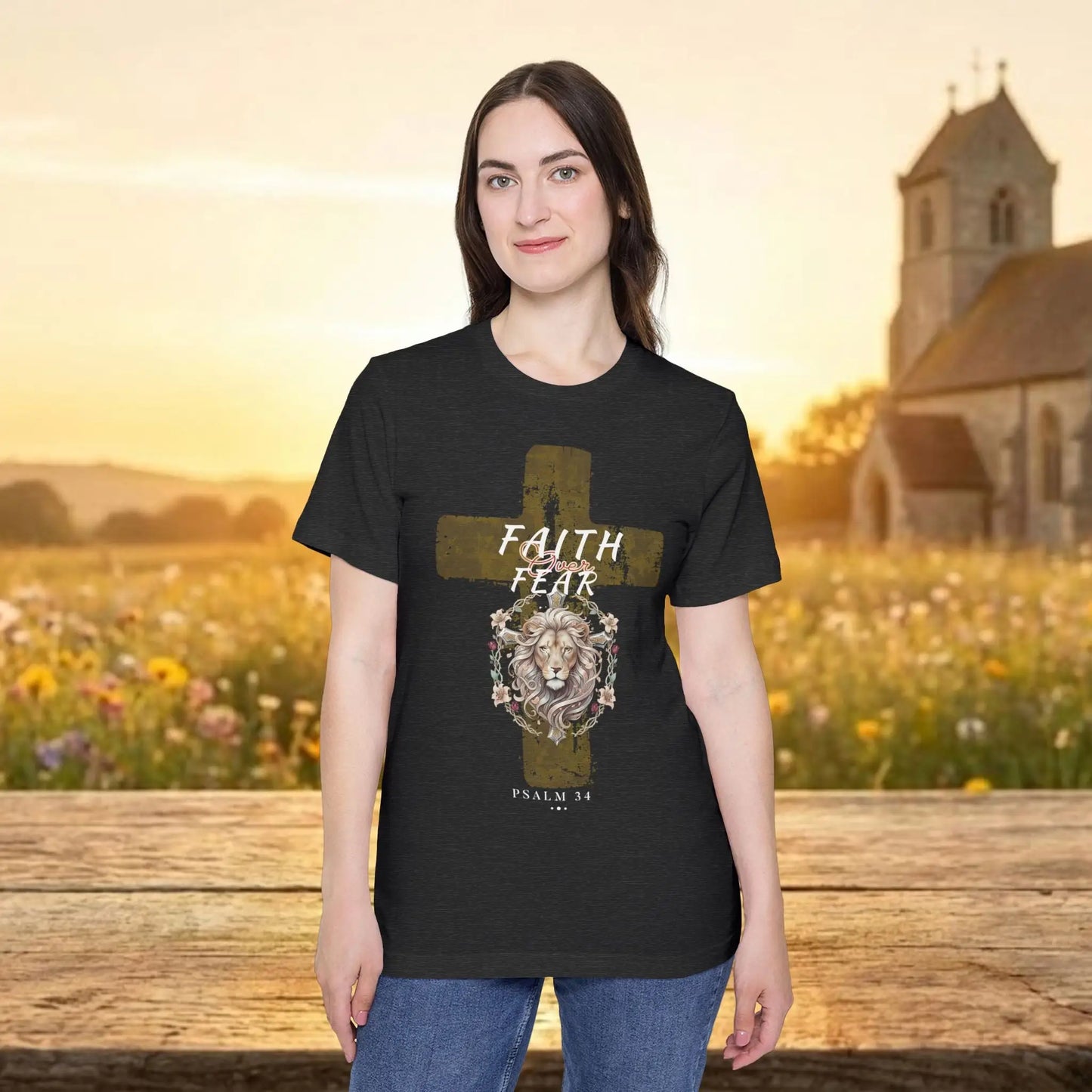 Faith Over Fear Lion Cross T‑Shirt