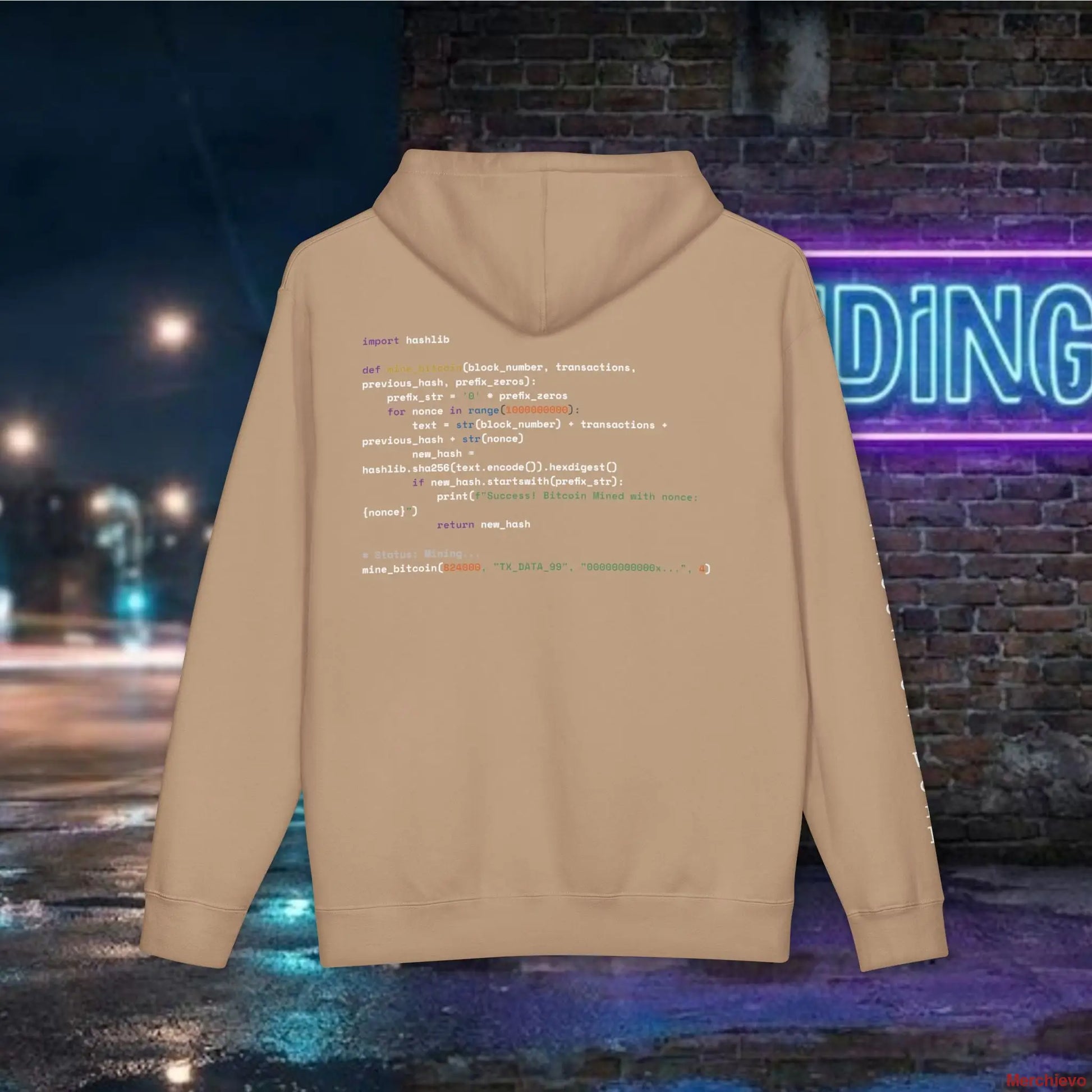Beige hoodie with code design on the back against a neon sign and brick wall backdrop