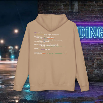 Beige hoodie with code design on the back against a neon sign and brick wall backdrop