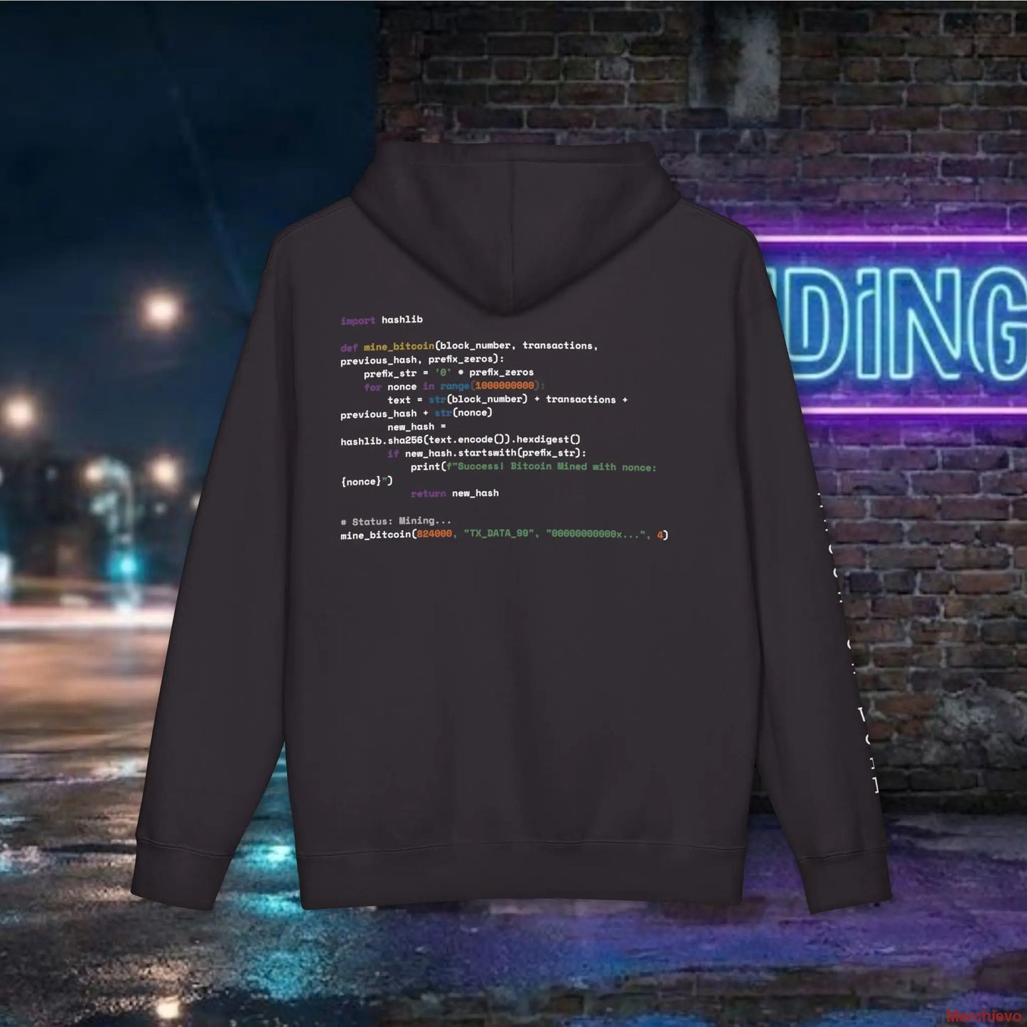 Large-scale functional Python script for a SHA-256 Bitcoin mining loop printed in high-contrast white ink across the back of a black hoodie.