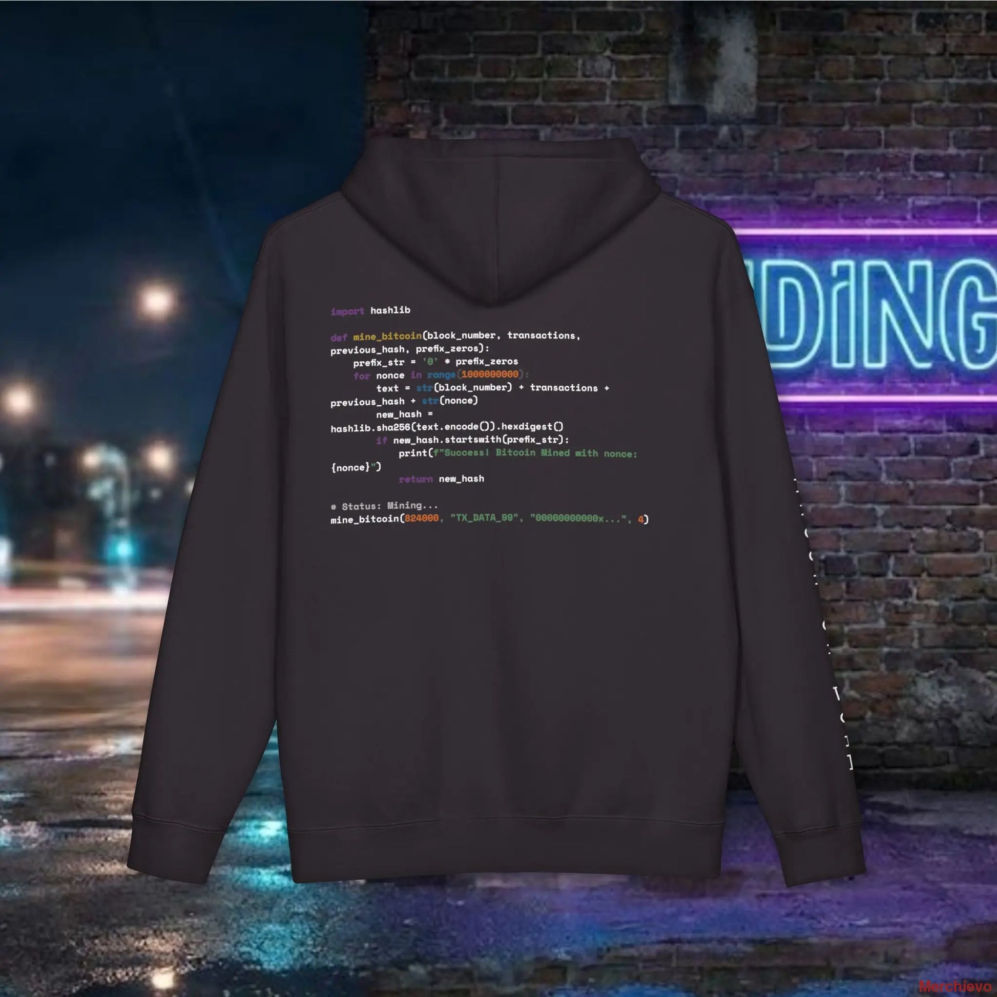 Large-scale functional Python script for a SHA-256 Bitcoin mining loop printed in high-contrast white ink across the back of a black hoodie.