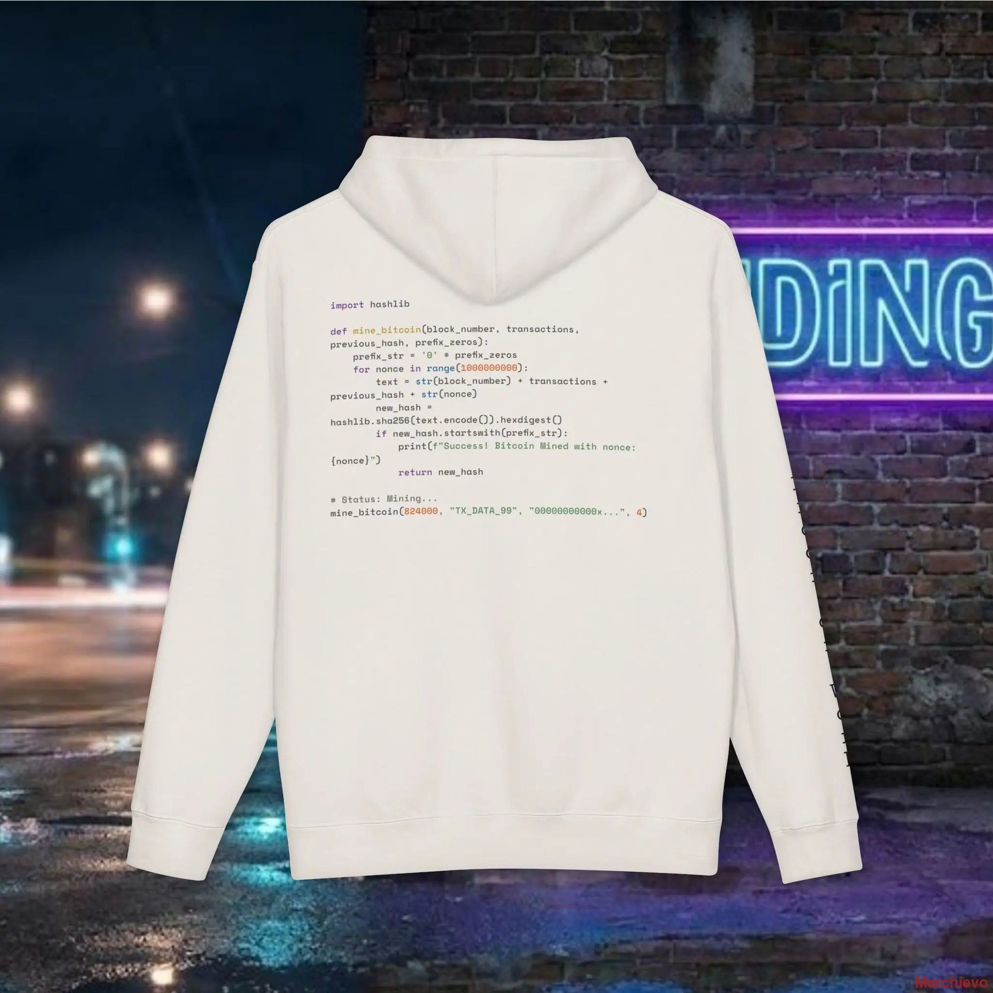 White hoodie with编程 (programming) text on the back, against a dark urban background with neon lights.