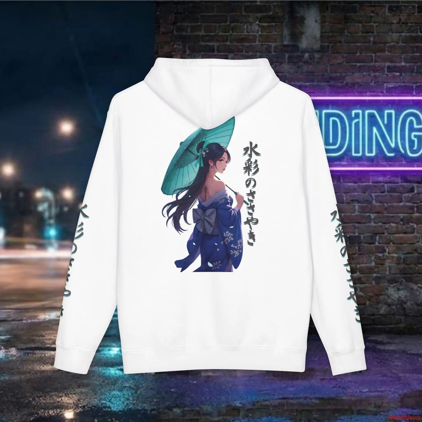 Neo-Tokyo streetwear aesthetic hoodie featuring a bold Japanese kimono girl graphic with striking red umbrella contrast and kanji lettering