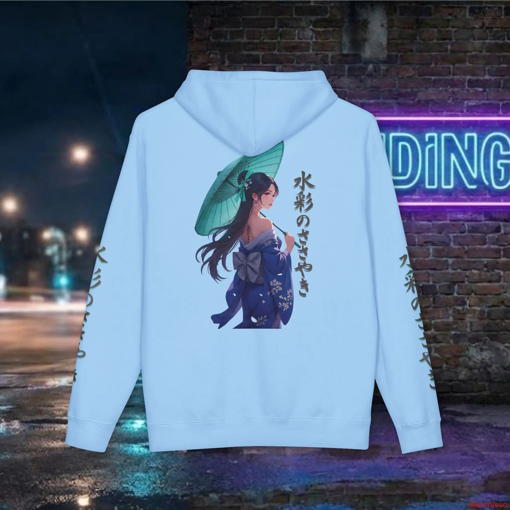 Neo-Tokyo streetwear aesthetic hoodie featuring a bold Japanese kimono girl graphic with striking red umbrella contrast and kanji lettering