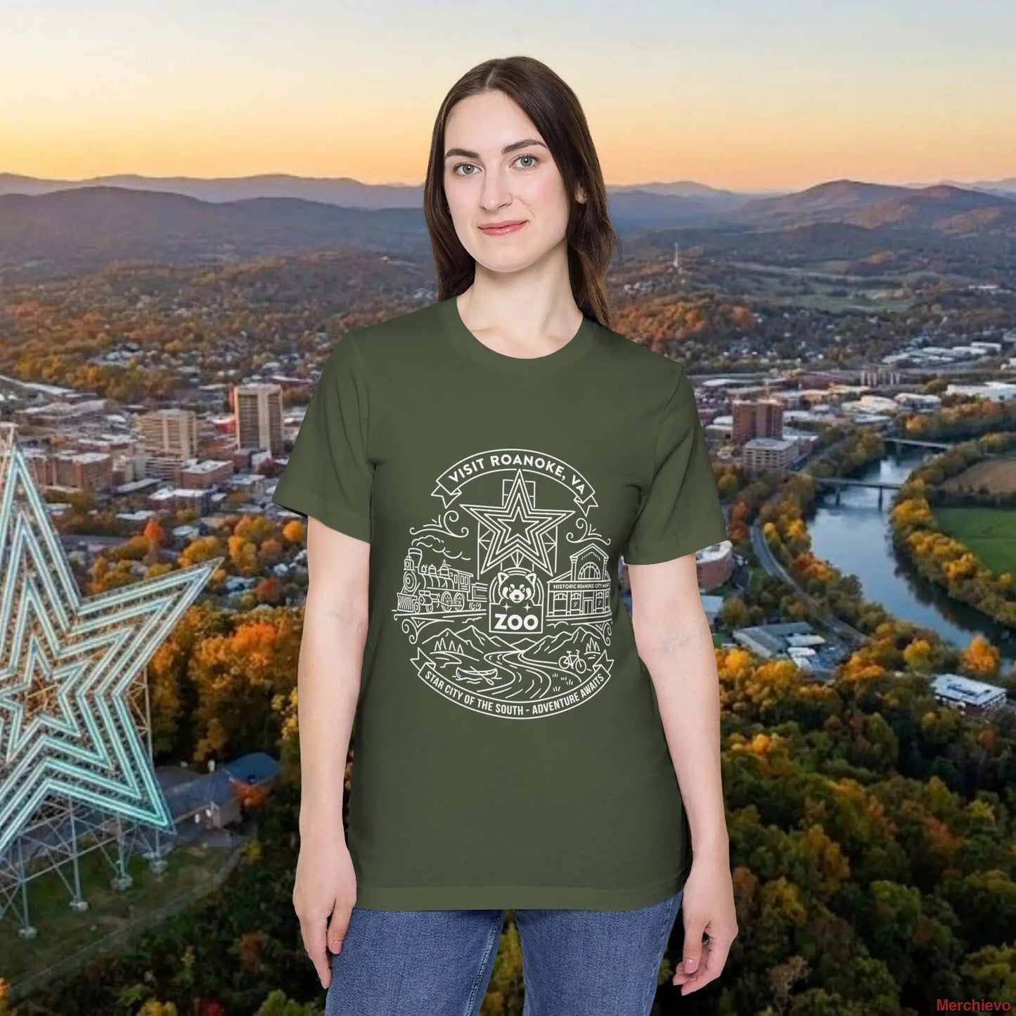 Roanoke Valley ’Star City’ T-Shirt | Retro Virginia Travel Souvenir Tee Military Green / XS T-Shirt