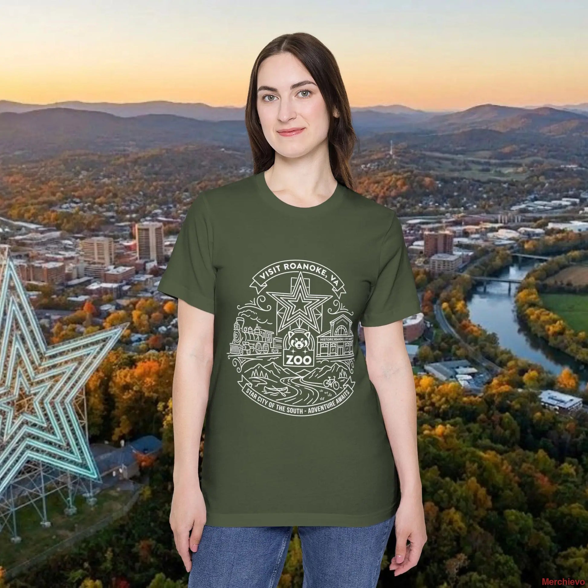 Roanoke Valley ’Star City’ T-Shirt | Retro Virginia Travel Souvenir Tee Military Green / XS T-Shirt