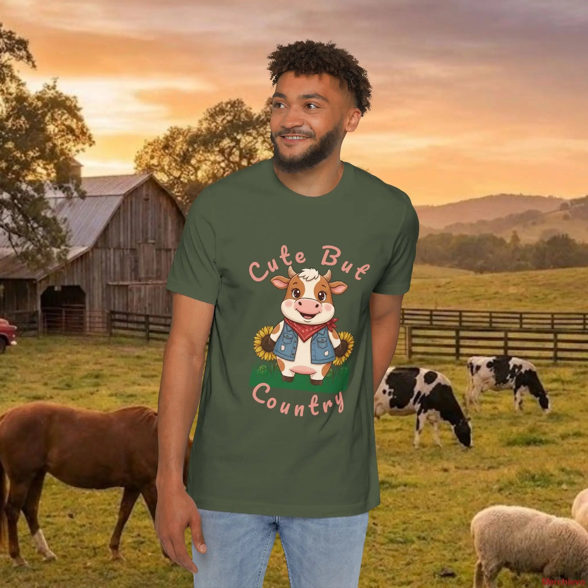 The ’Cute but Country’ Cow Tee Military Green / XS T-Shirt