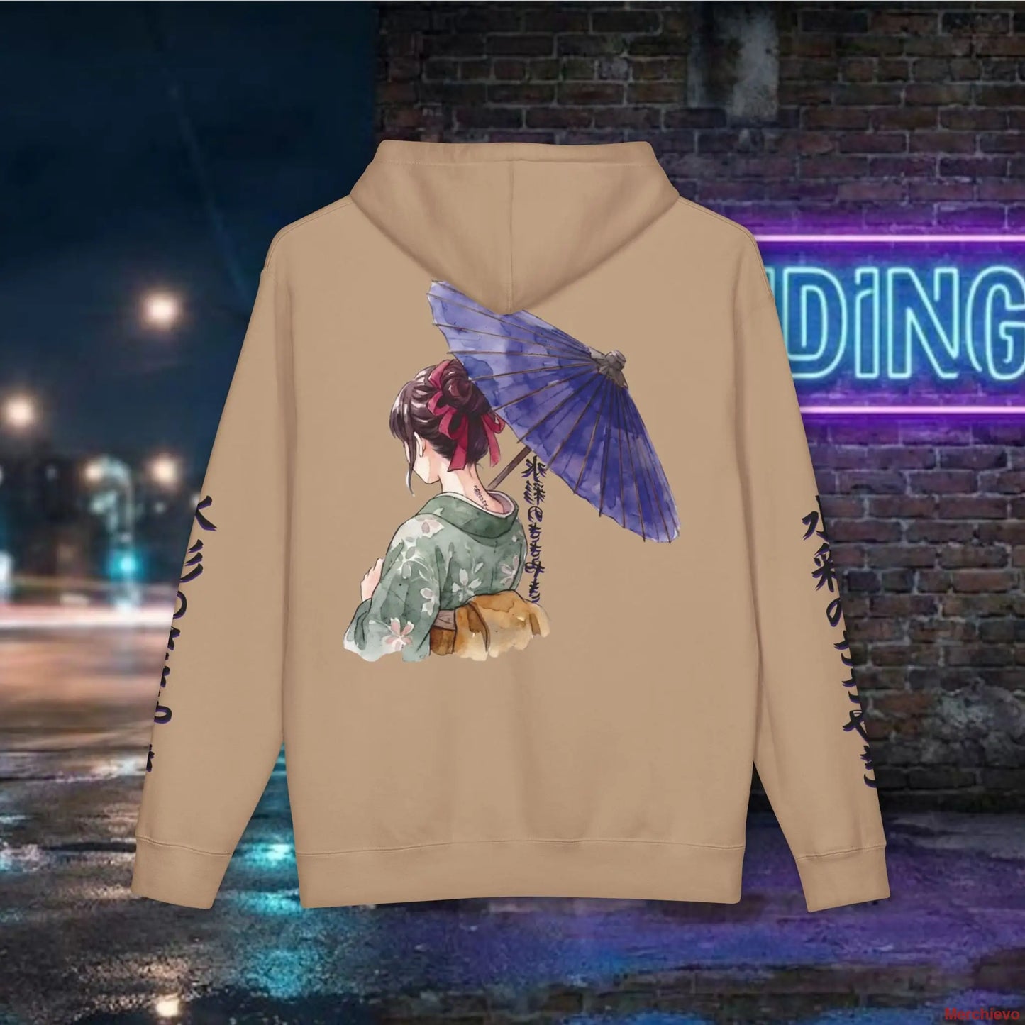Classic Japanese art design of a kimono-clad figure with a traditional parasol on a premium bone-colored fleece hoodie.