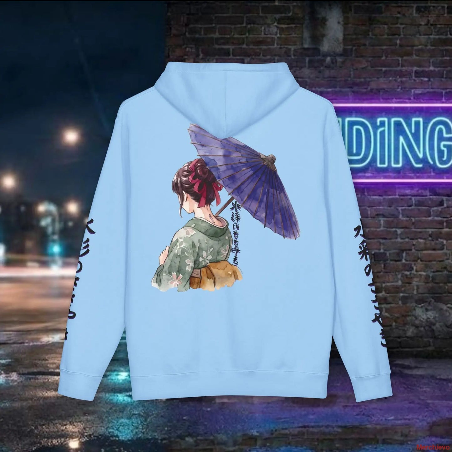 Classic Japanese art design of a kimono-clad figure with a traditional parasol on a premium bone-colored fleece hoodie.