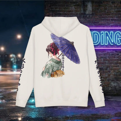 Classic Japanese art design of a kimono-clad figure with a traditional parasol on a premium bone-colored fleece hoodie.