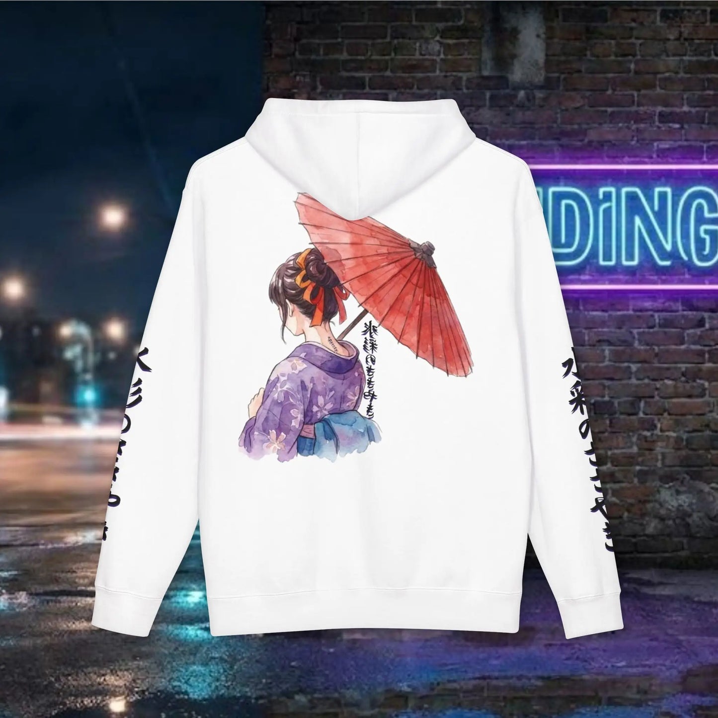 Minimalist silhouette of a traditional Japanese kimono girl with a red umbrella on a clean, professional streetwear sweatshirt